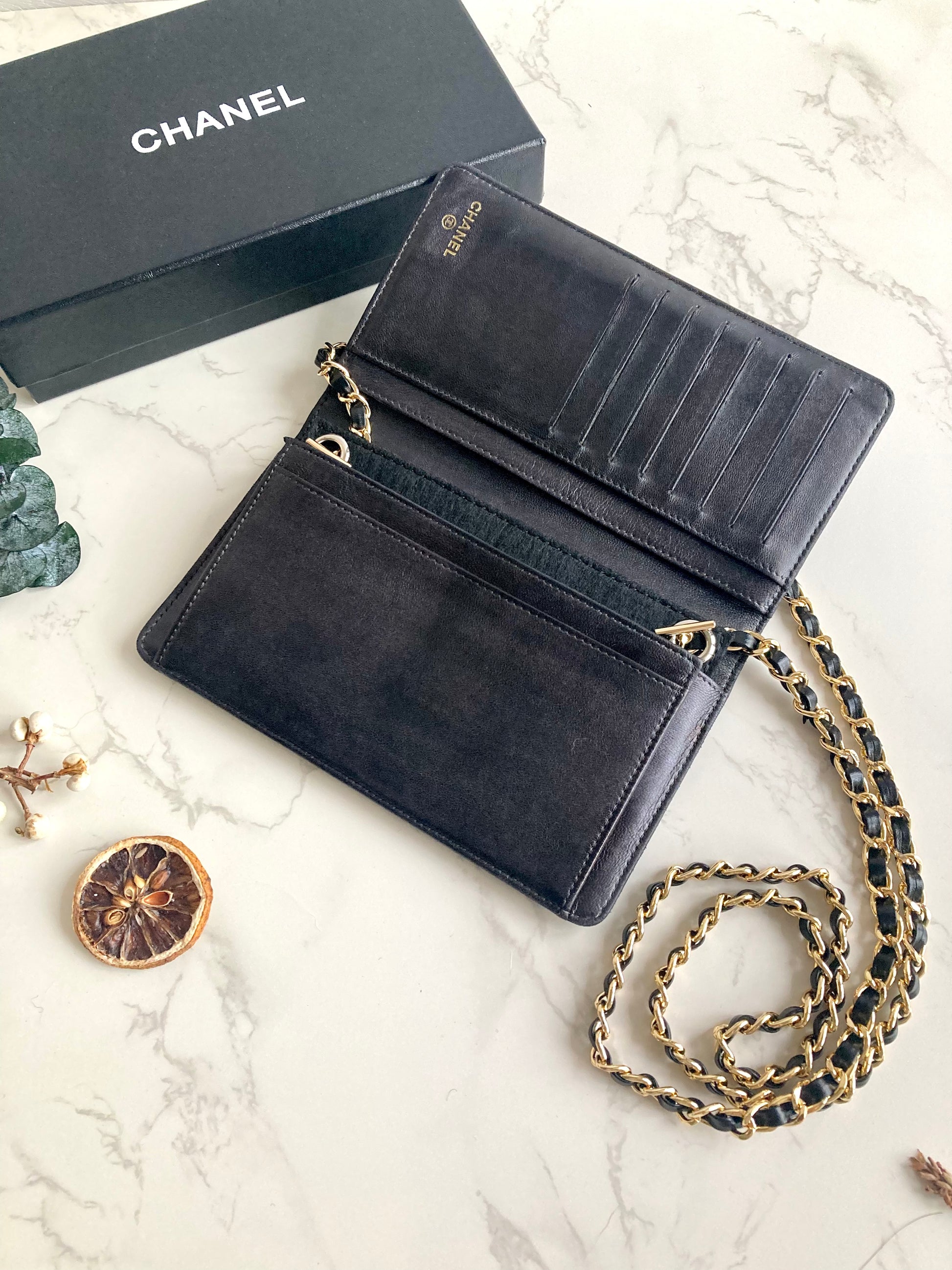 CHANEL Camellia Gold CC Long Wallet (with Add-on Chain)