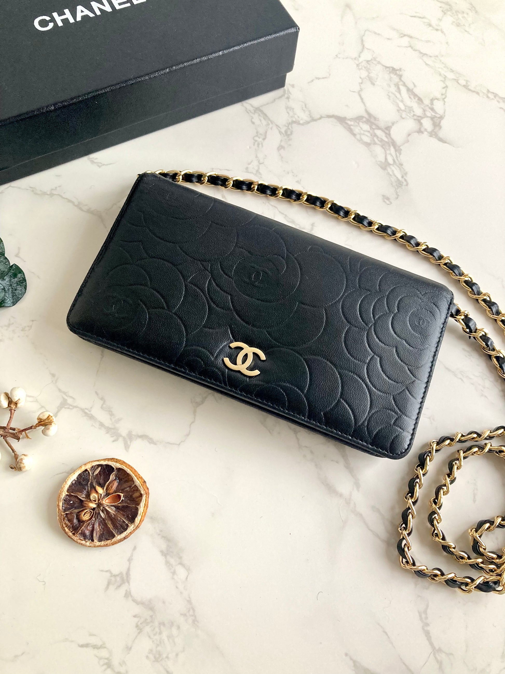 CHANEL Camellia Gold CC Long Wallet (with Add-on Chain)