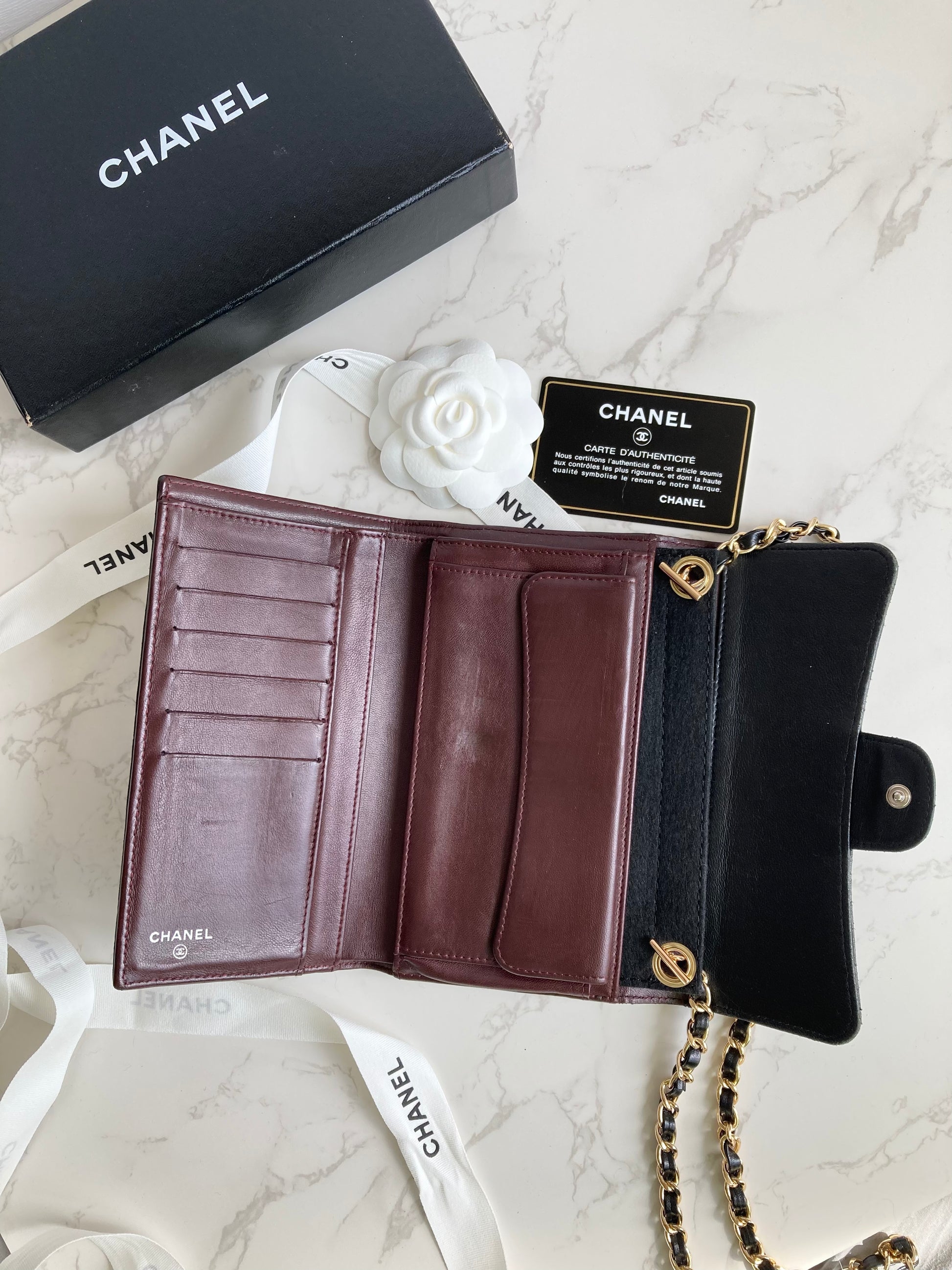 CHANEL Classic Lamb Skin Long Wallet – Silver CC Logo (With Add-on Chain)