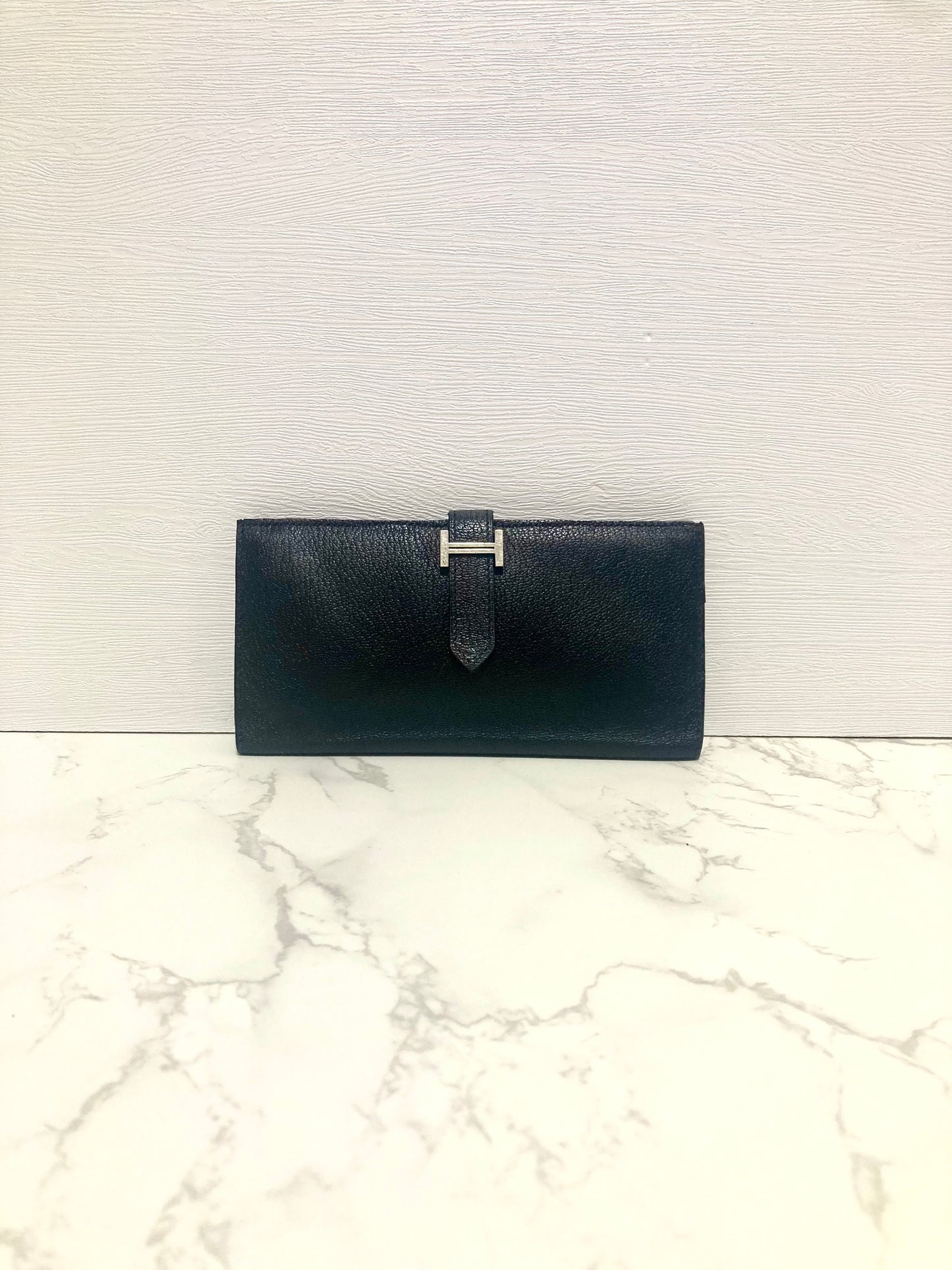 HERMES Black x Silver with Purple Interior Bi-fold Bearn Wallet