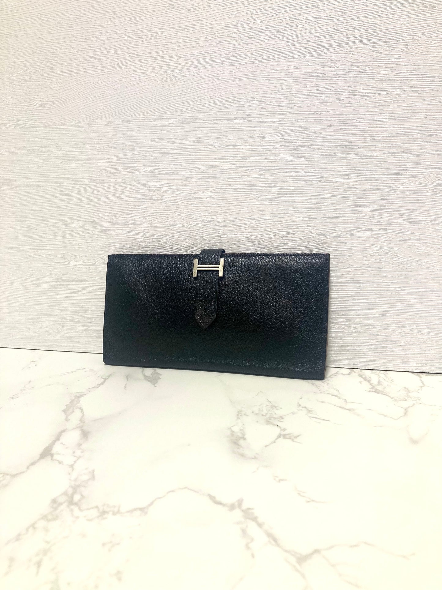 HERMES Black x Silver with Purple Interior Bi-fold Bearn Wallet