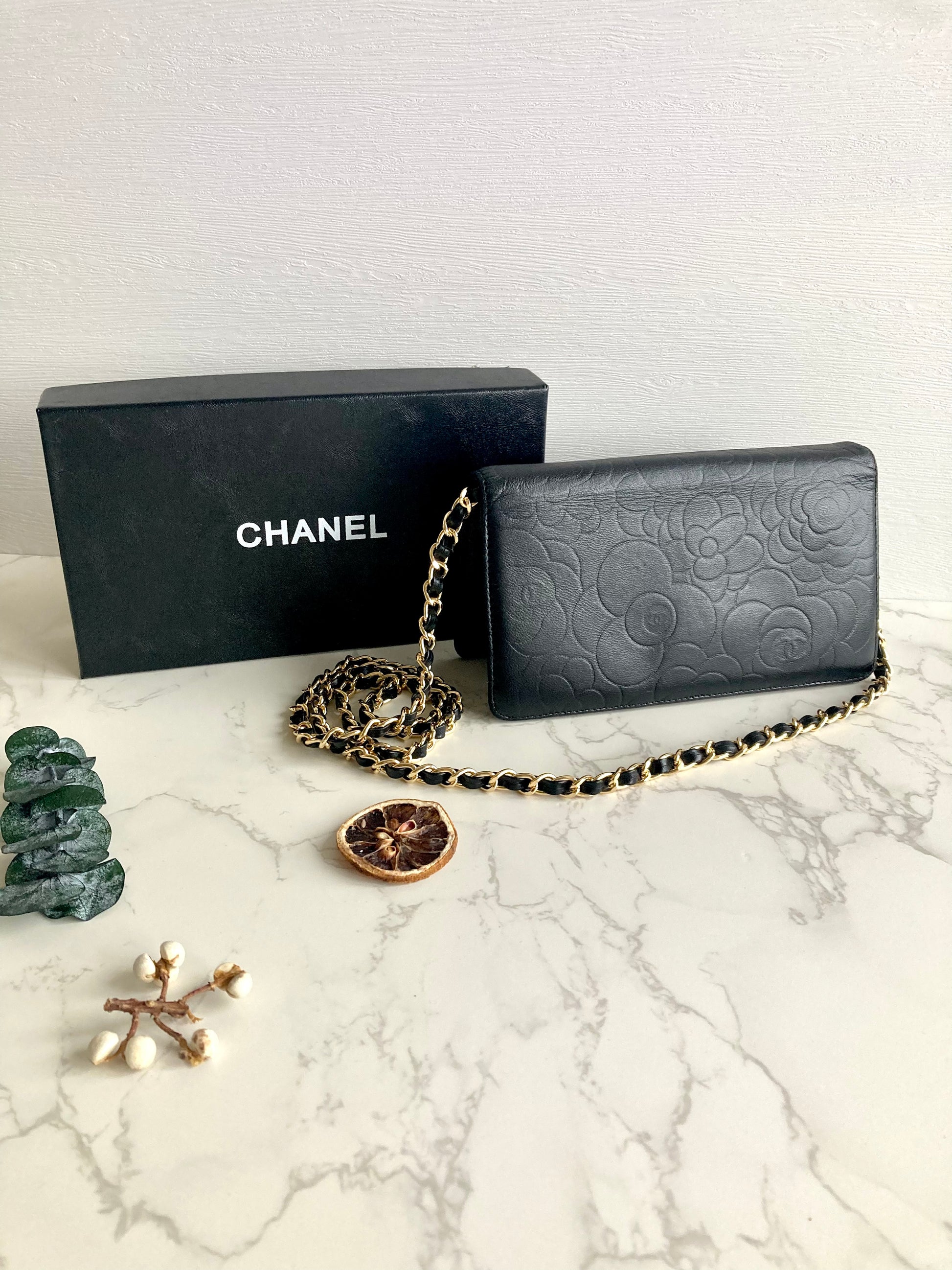 CHANEL Camellia Gold CC Long Wallet (with Add-on Chain)