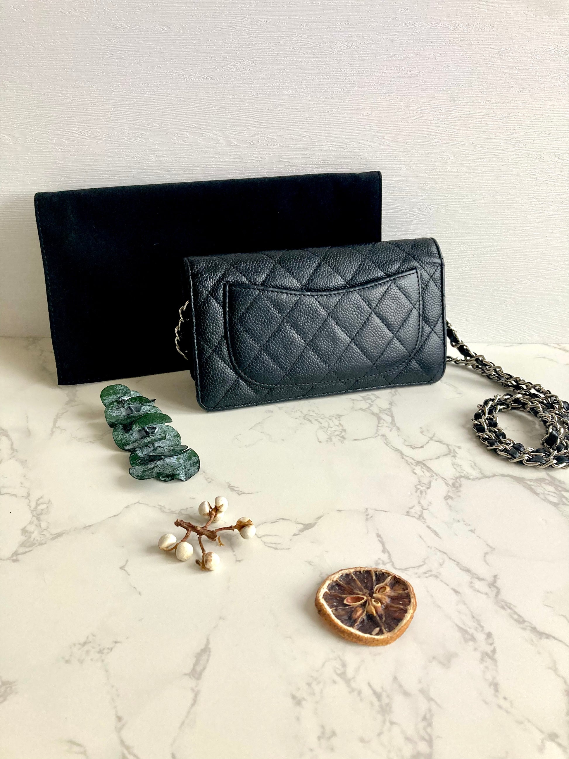 CHANEL Caviar Leather Long Flap Wallet (with Add-on Chain)