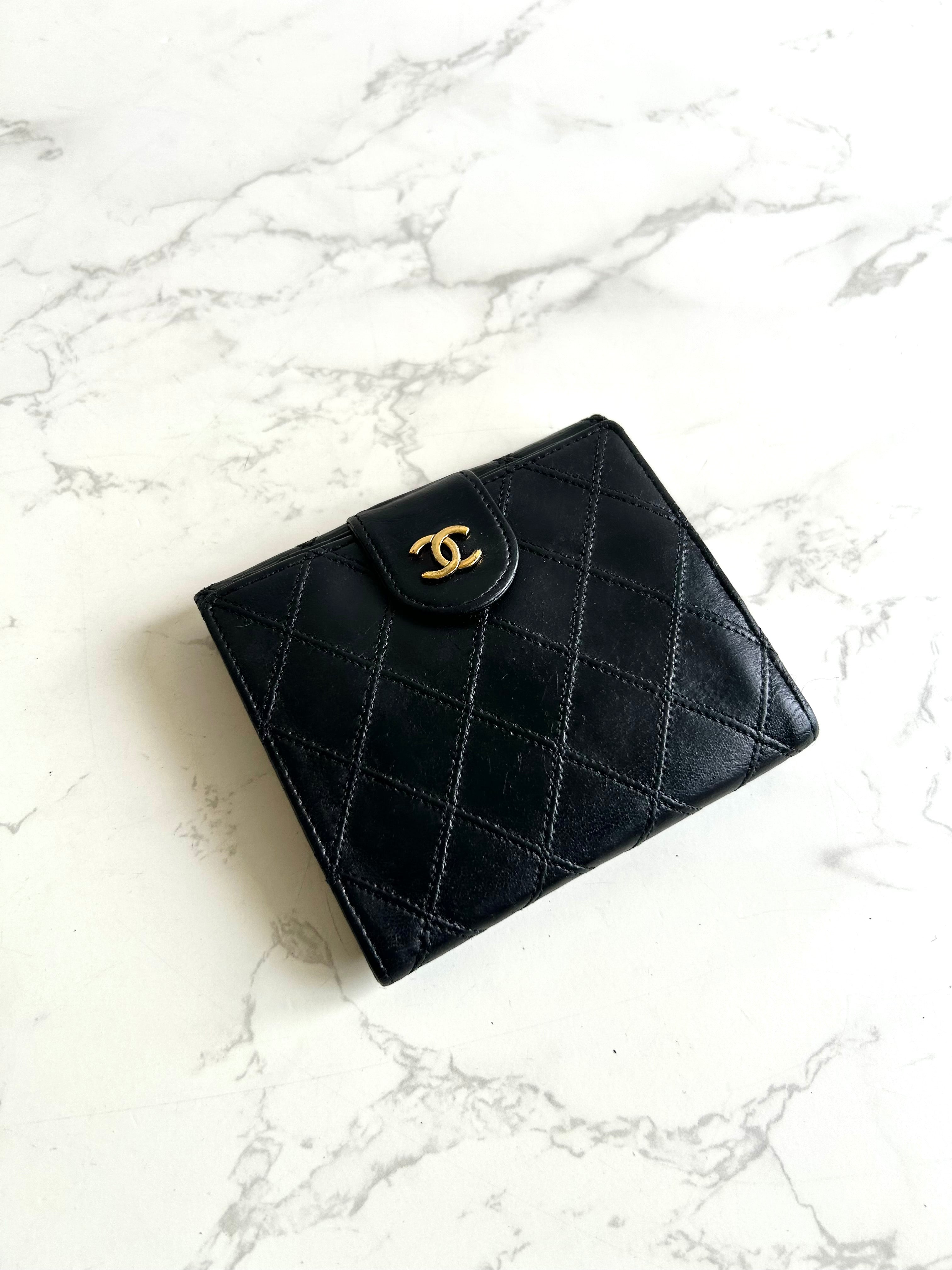 Chanel黑金色雙面小羊皮革短夾 皮夾 錢包