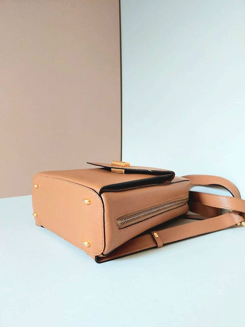CELINE rare caramel brown cross rotating gold buckle leather small backpack / rucksack / backpack