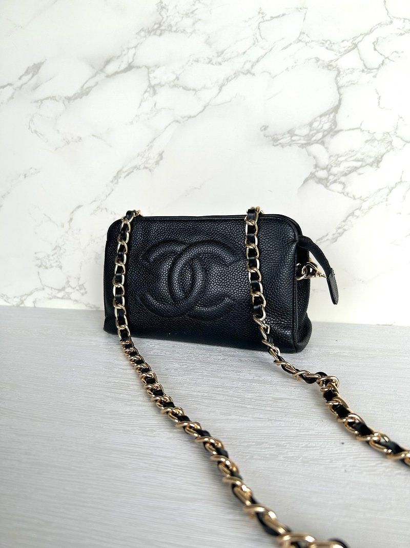 CHANEL 稀有黑色魚子醬牛皮革鏈條帶小包/側背包/斜背包/手拿包