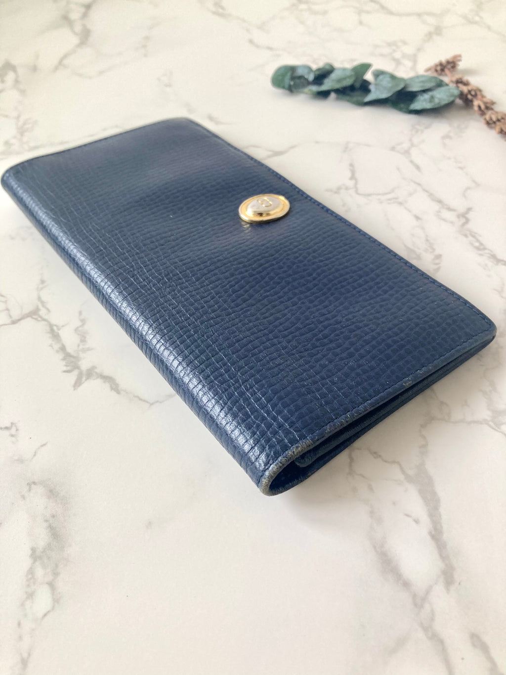 CHRISTIAN DIOR Navy Blue x Gold Egg Leather Long Bi-fold Wallet