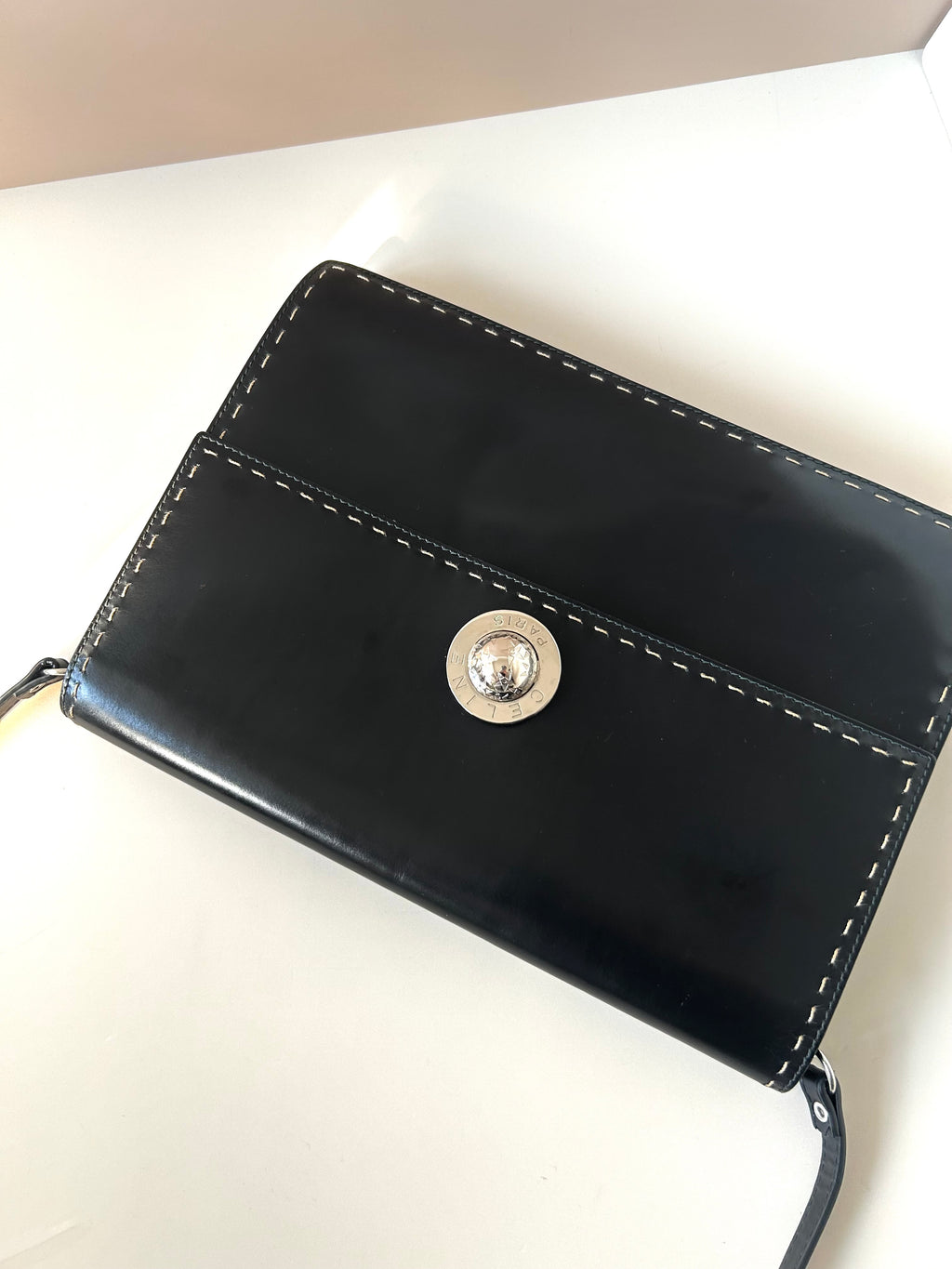 CELINE Rare Planet Black Silver Leather Envelope Bag/Side Bag/Messenger Bag