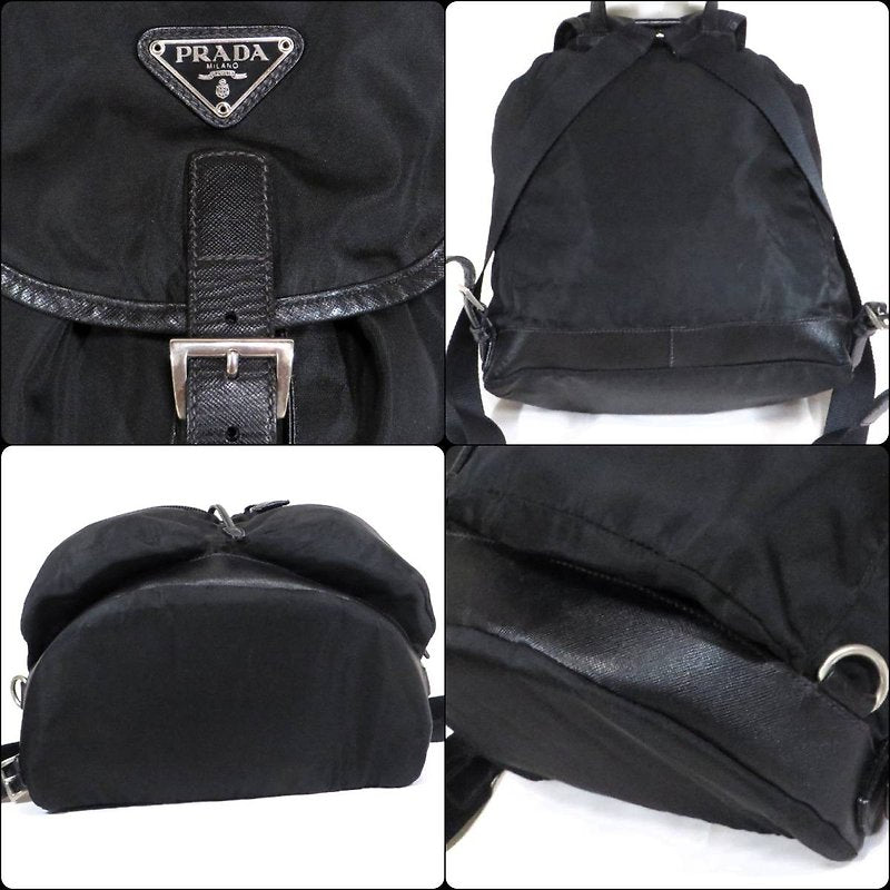 PRADA black silver triangle leather and nylon men's and women's backpack/backpack/backpack - Japanese second-hand Vintage