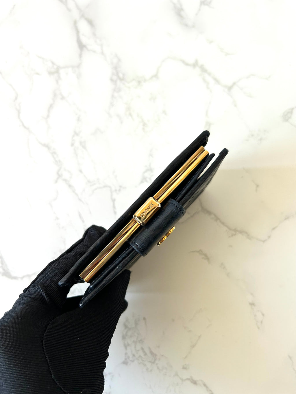 CHANEL rare black lambskin gold label short wallet / wallet