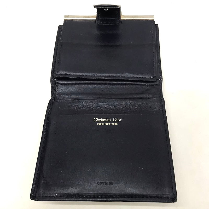 CHRISTIAN DIOR Dark blue old flower leather short clip gold wallet / wallet - Japanese second-hand Vintage