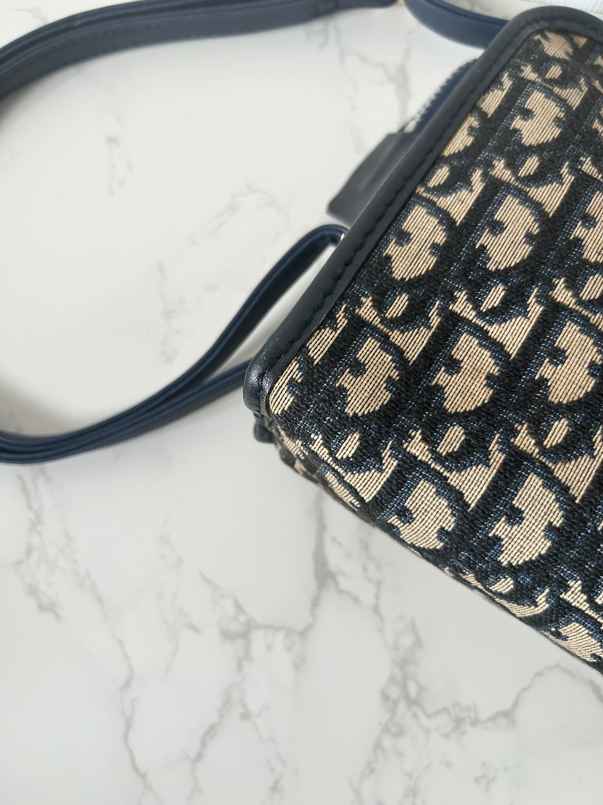 CHRISTIAN DIOR dark blue and black monogram shoulder bag / side bag / oblique bag