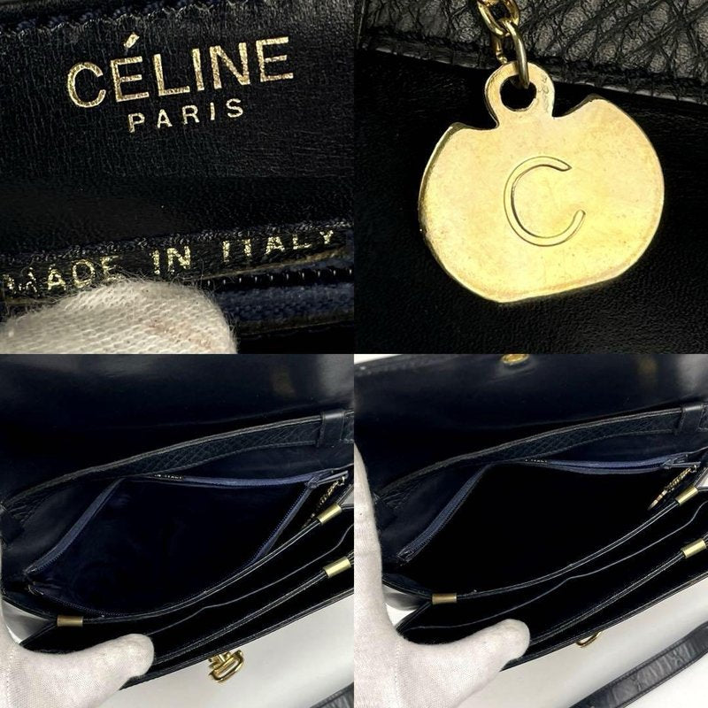 CELINE rare blue and black carriage gold buckle saddle side bag / oblique bag