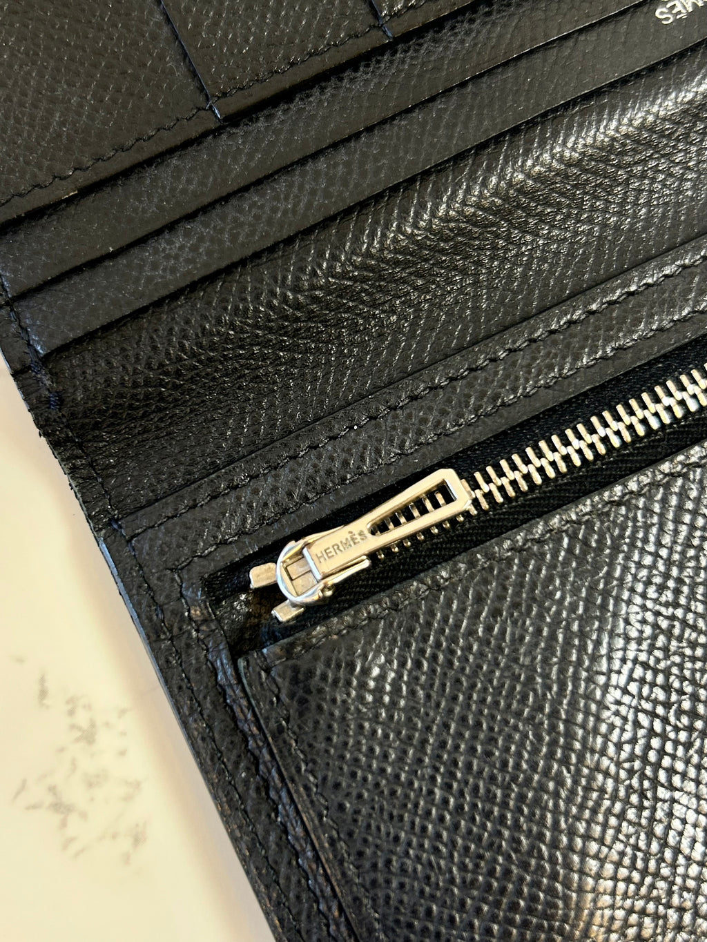 HERMES Bearn 黑色銀扣羊皮皮革長夾/錢包