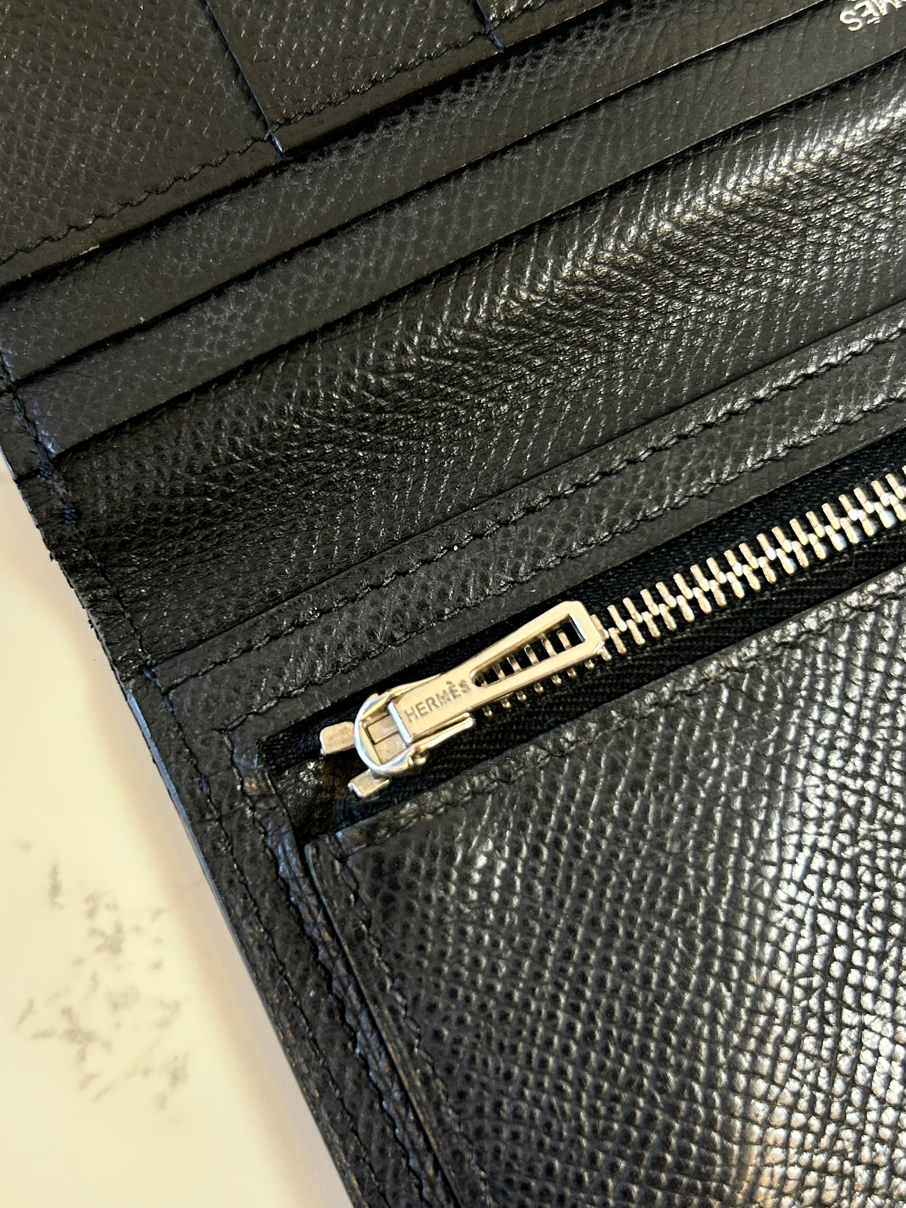 HERMES Bearn Black Silver Buckle Lambskin Leather Long Wallet/Wallet