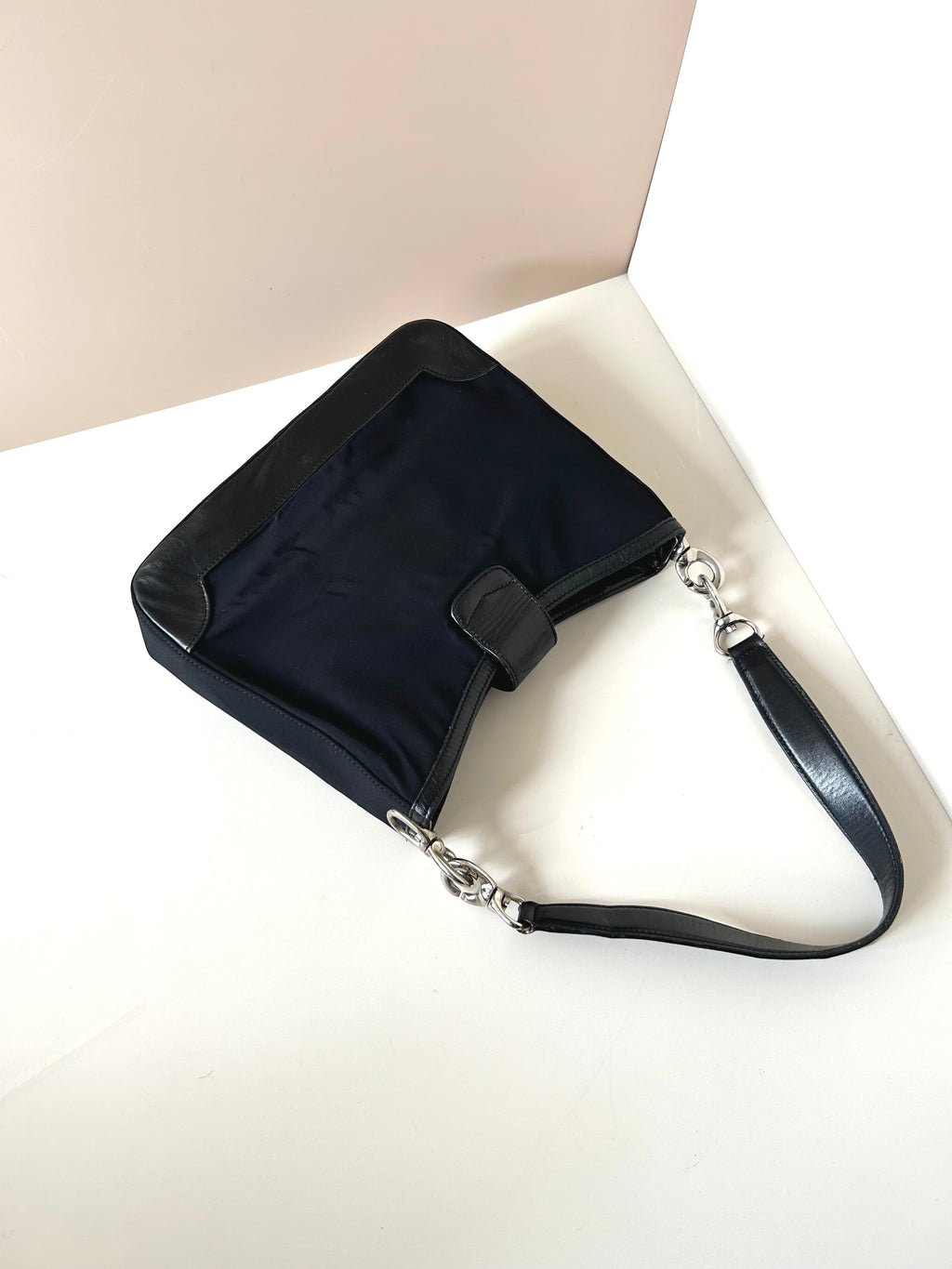 CELINE rare black silver ring patchwork leather Blason side backpack / shoulder bag