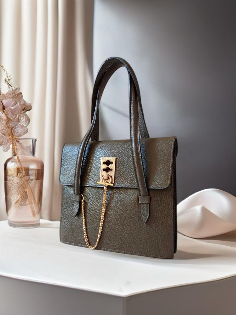 CELINE rare olive green gold tuo watch chain leather Kelly handbag / side bag