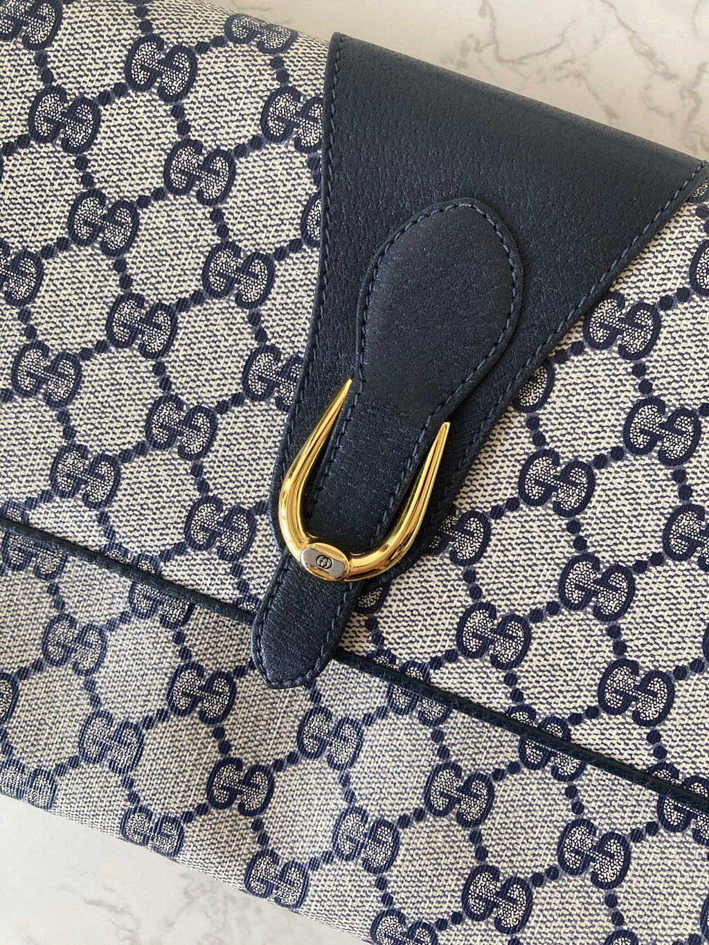 GUCCI Navy Monogram x Gold Horseshoe Two-way Shoulder Bag / Clutch