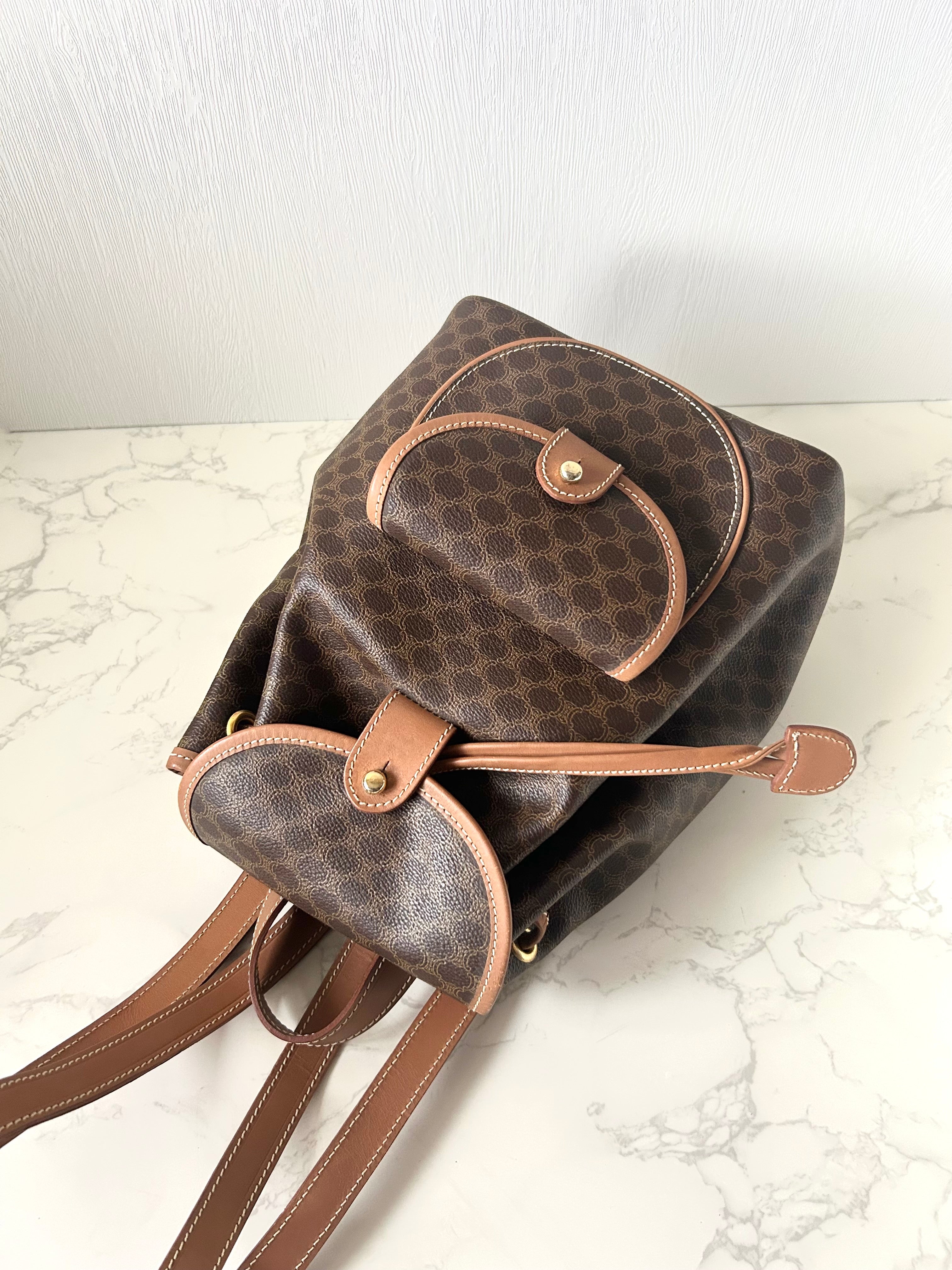 CELINE Rare Brown Monogram Flap Leather Backpack