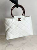 CHANEL rare white wood handle leather small tote bag / handbag