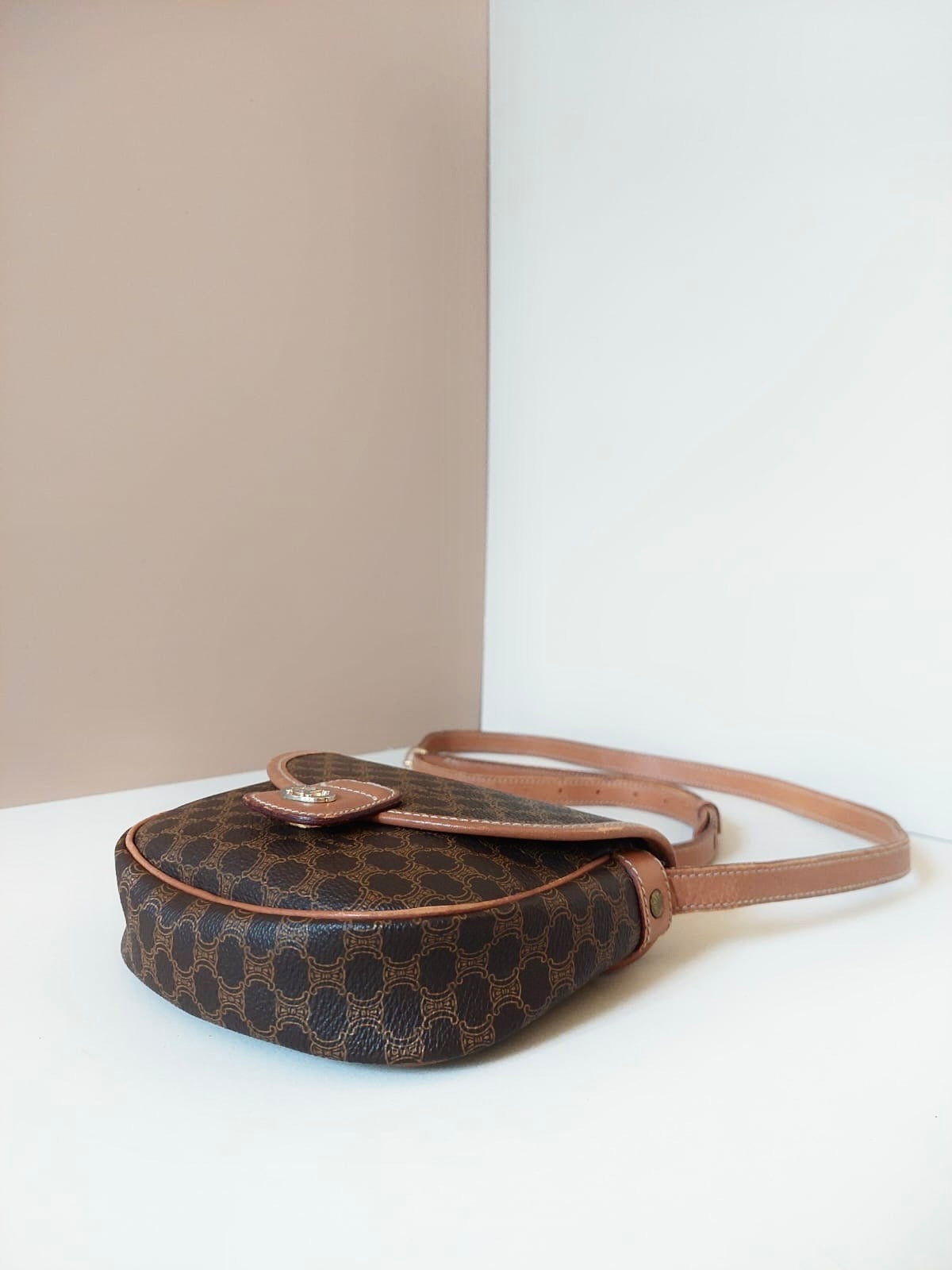 CELINE Half Moon Saddle Old Flower Leather Side Bag / Crossbody Bag