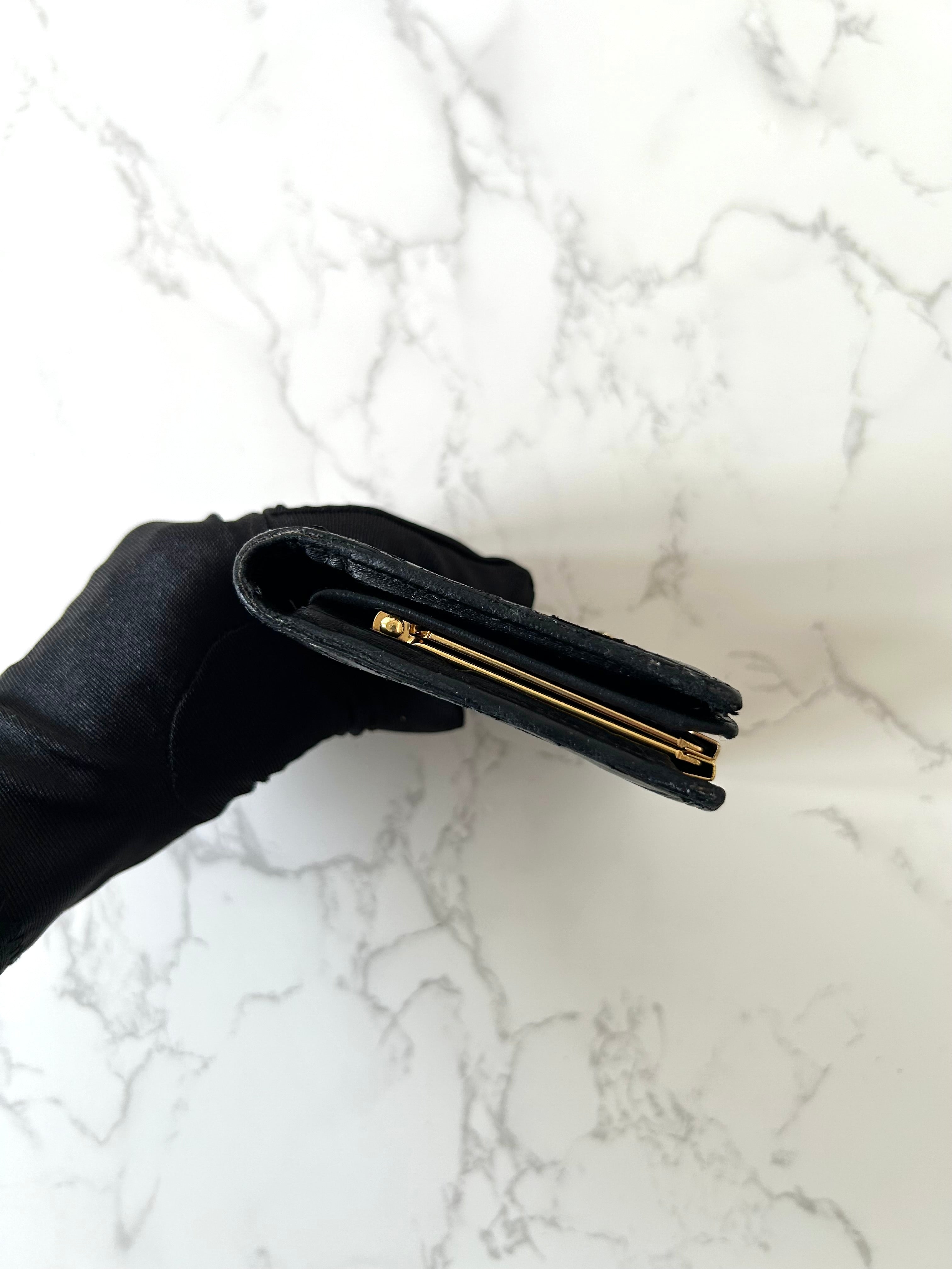 CHANEL rare black lambskin leather large gold buckle gold label short wallet / wallet