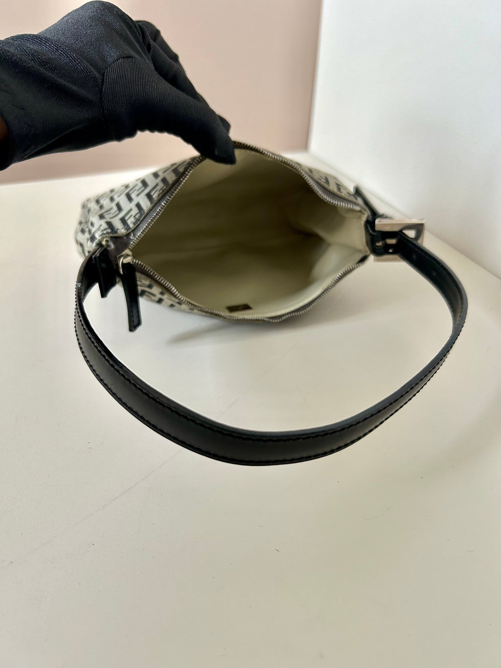 FENDI Zucchino blue and black old flower silver buckle small lunch box bag/underarm bag/side backpack