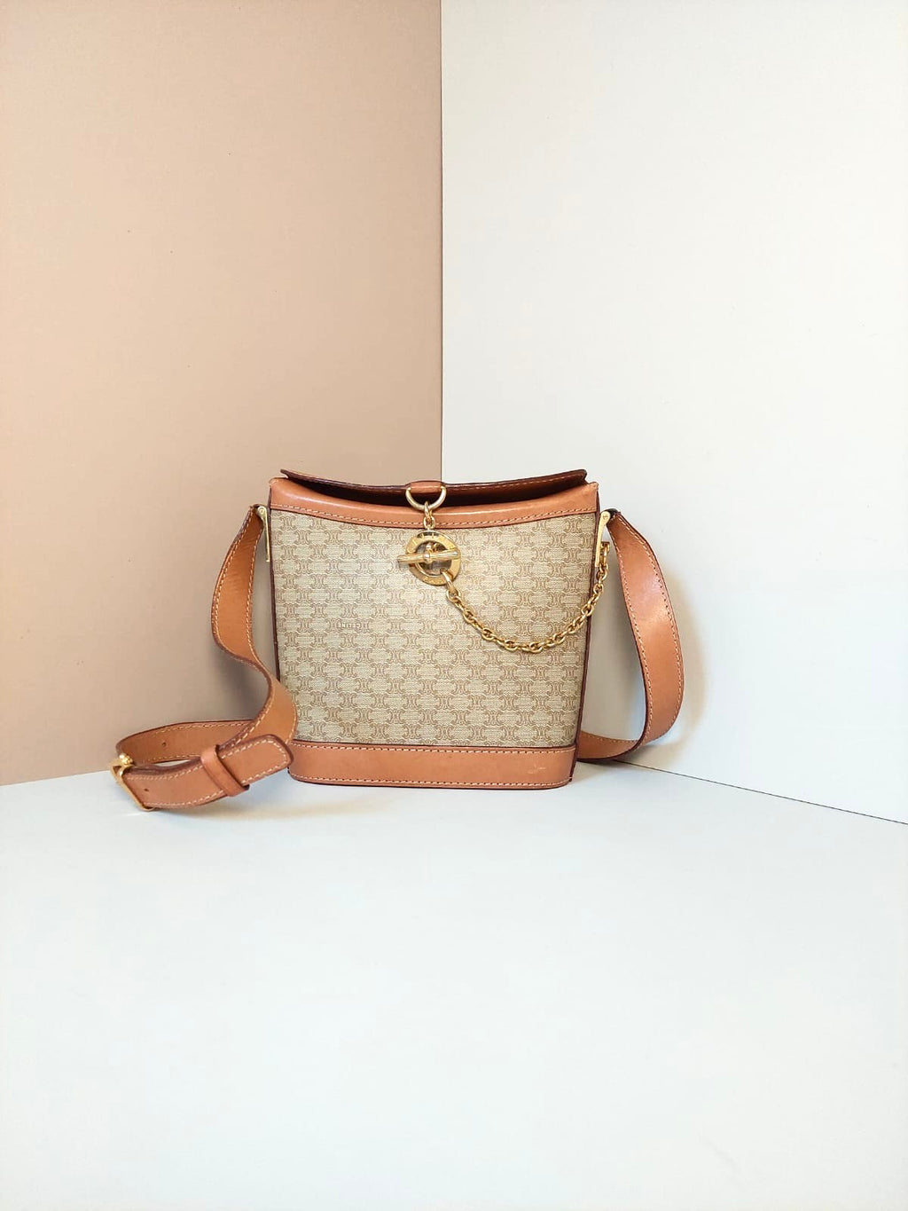 CELINE rare beige brown old flower golden ring potato chips small bag/side bag/oblique bag