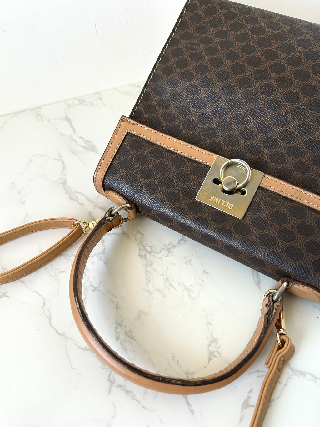 CELINE rare small brown old flower Kelly bag/side bag/crossbody bag/handbag