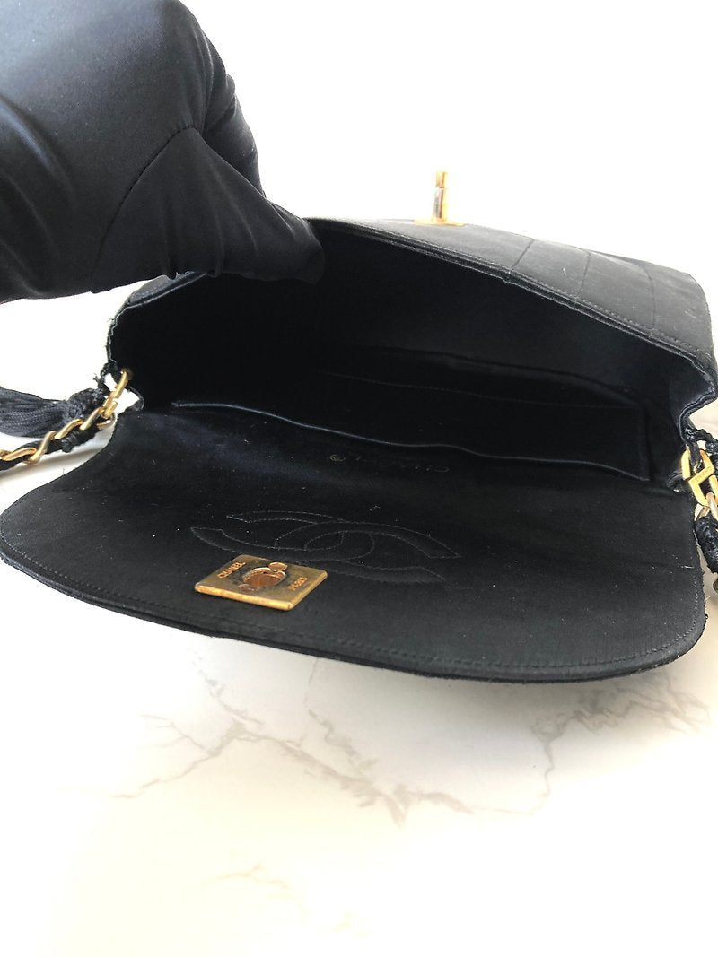 CHANEL Rare Black Silk Gold Rotating Clasp Half Moon Bag/Shoulder Bag/Crossbody Bag