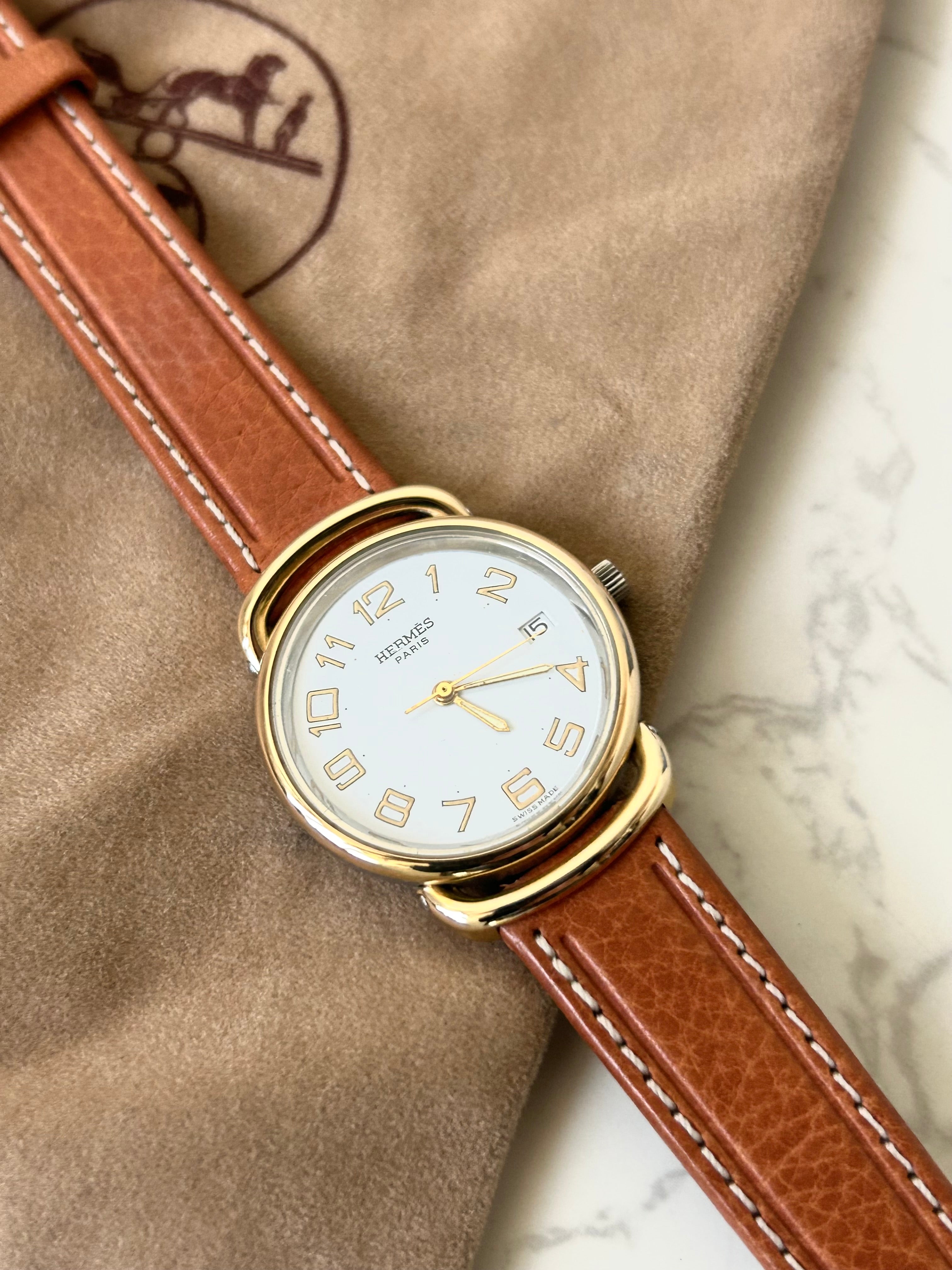 HERMES Pullman Gold Buckle Brown Belt Men's and Women's Antique Watch/Watch