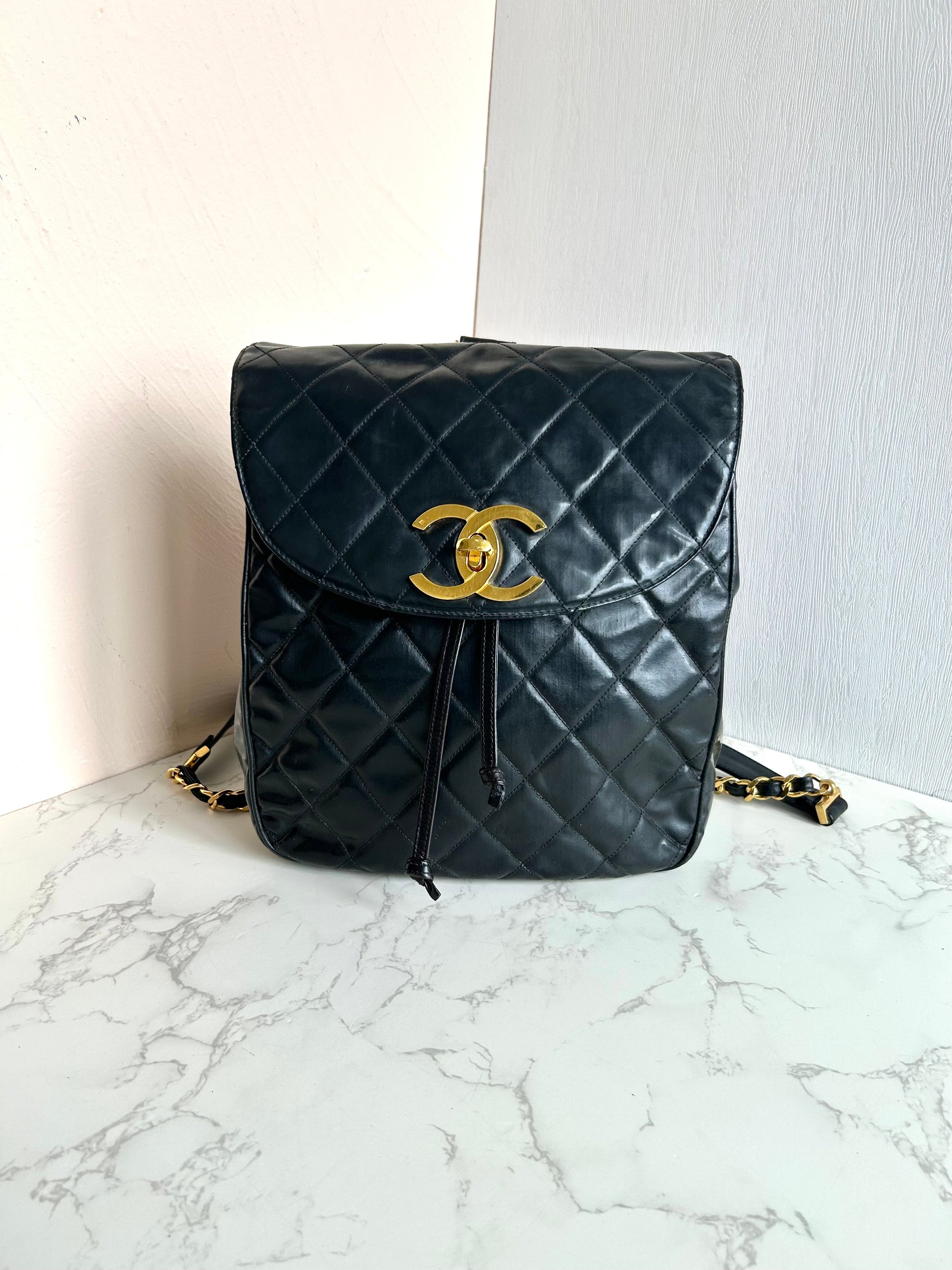 CHANEL Rare Large Gold Rotating Buckle Leather Chain Backpack