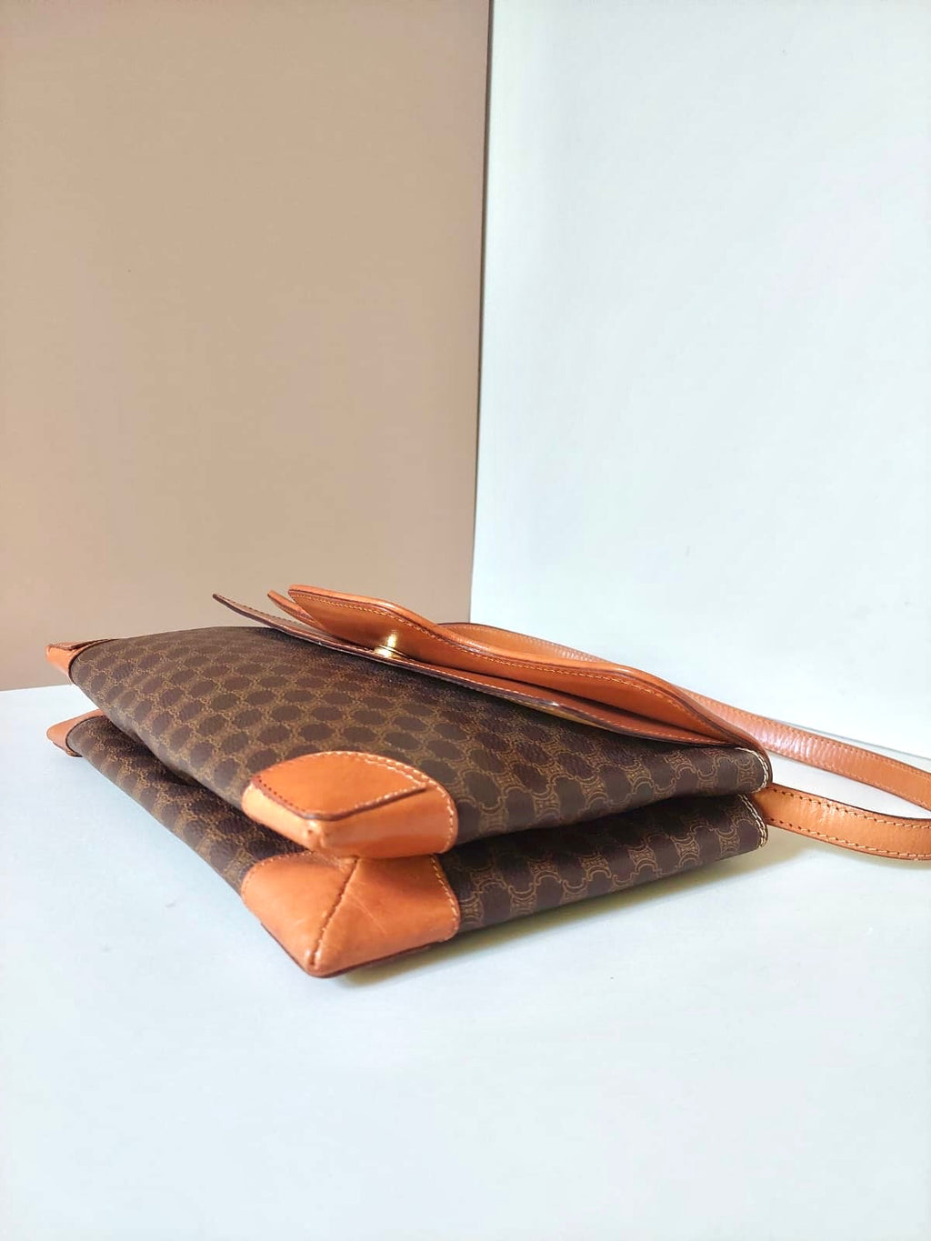 CELINE rare brown old flower leather messenger bag / side bag / oblique bag