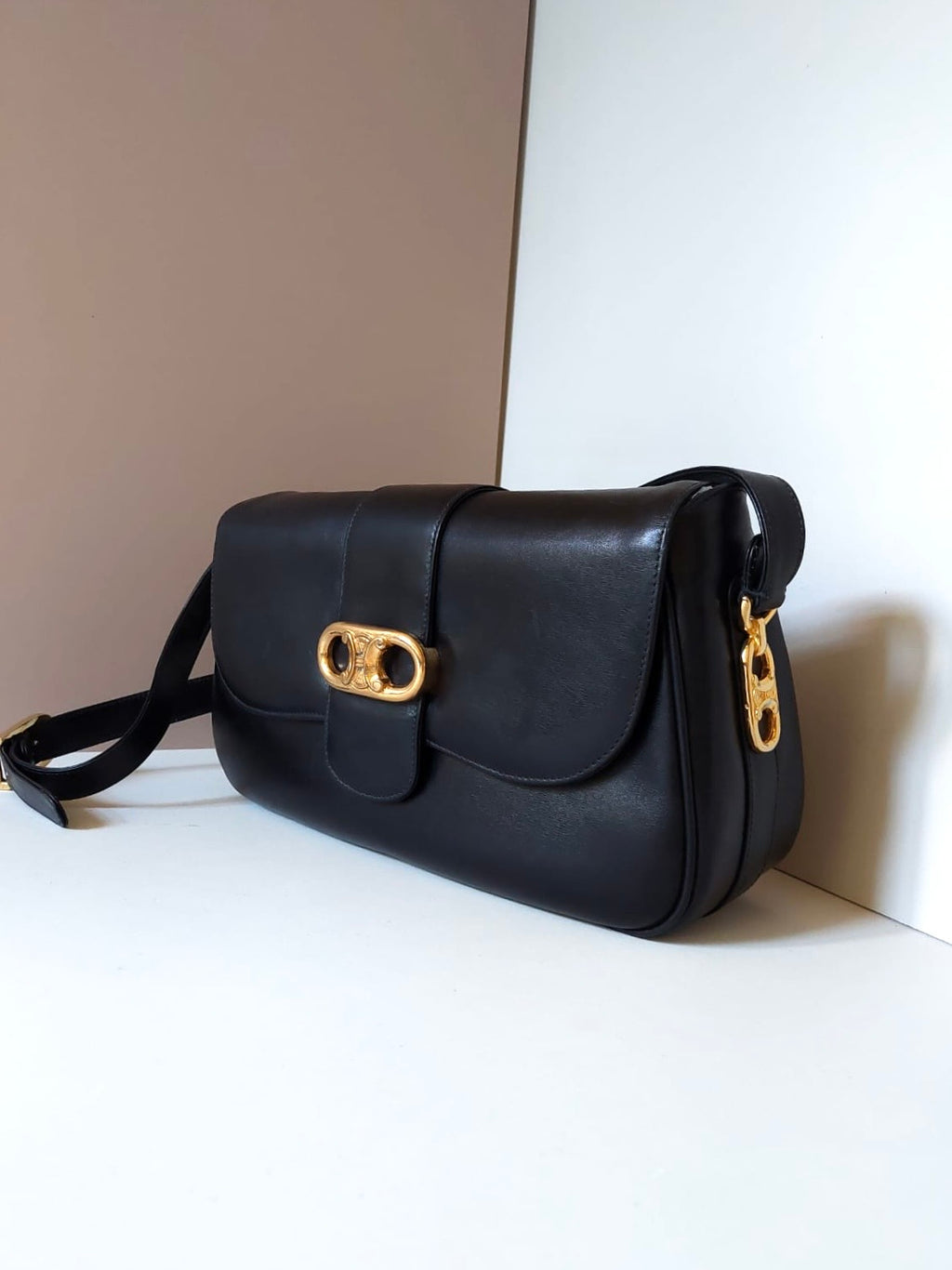 CELINE rare large gold Arc de Triomphe black saddle leather small bag / side backpack / shoulder bag