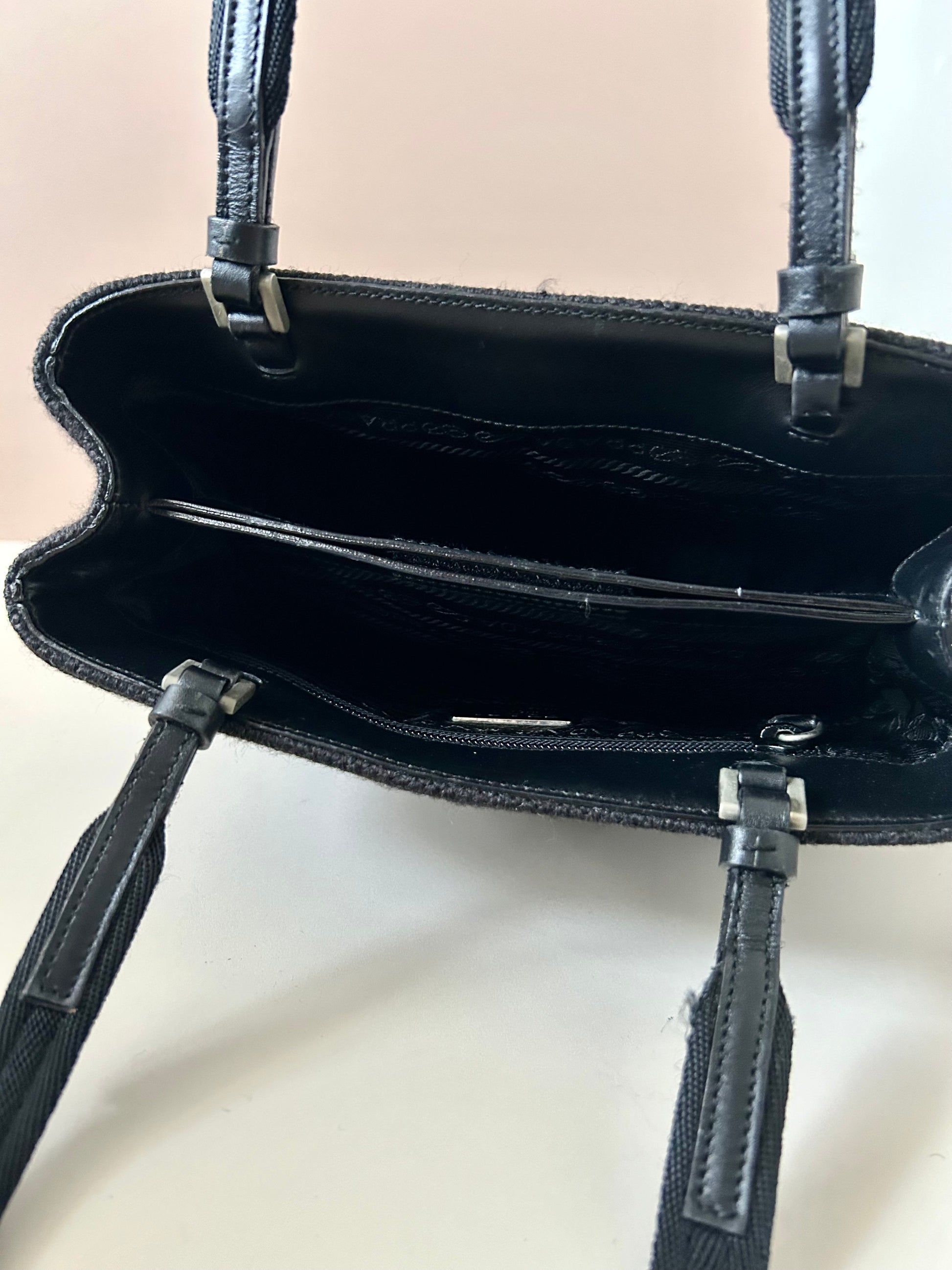 PRADA rare black woven small tote bag/shoulder bag/side backpack