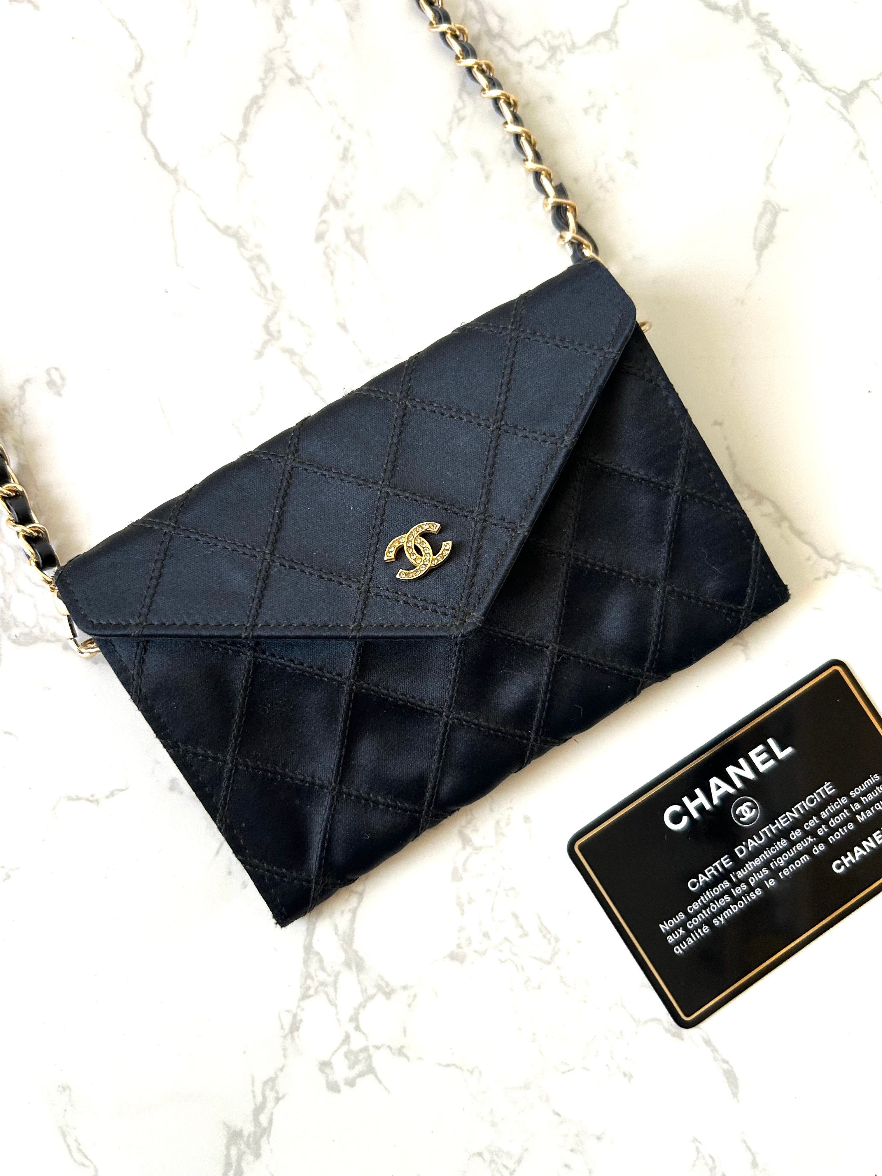CHANEL Rare Black Satin Rhinestone Small Bag/Side Bag/Messenger Bag/Clutch Bag