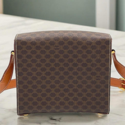 CELINE 咖啡色老花皮革金扣小信封盒子小包/側背包/斜背包 - 日本中古二手Vintage