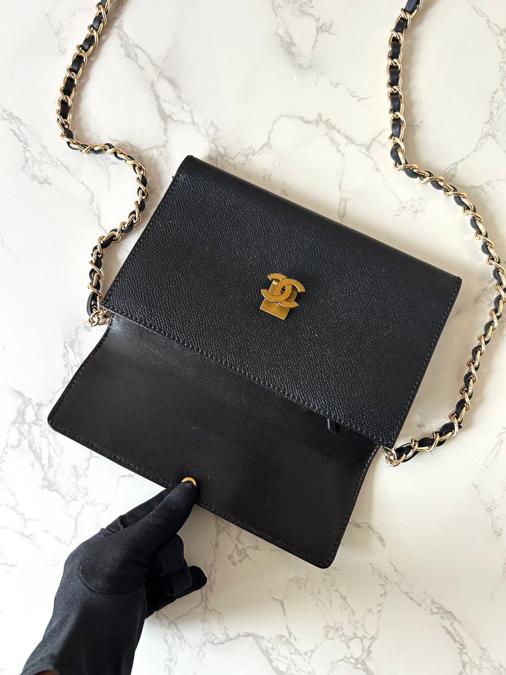 CHANEL Black Gold Caviar Leather Side Bag/Messenger Bag/Long Clip/Wallet