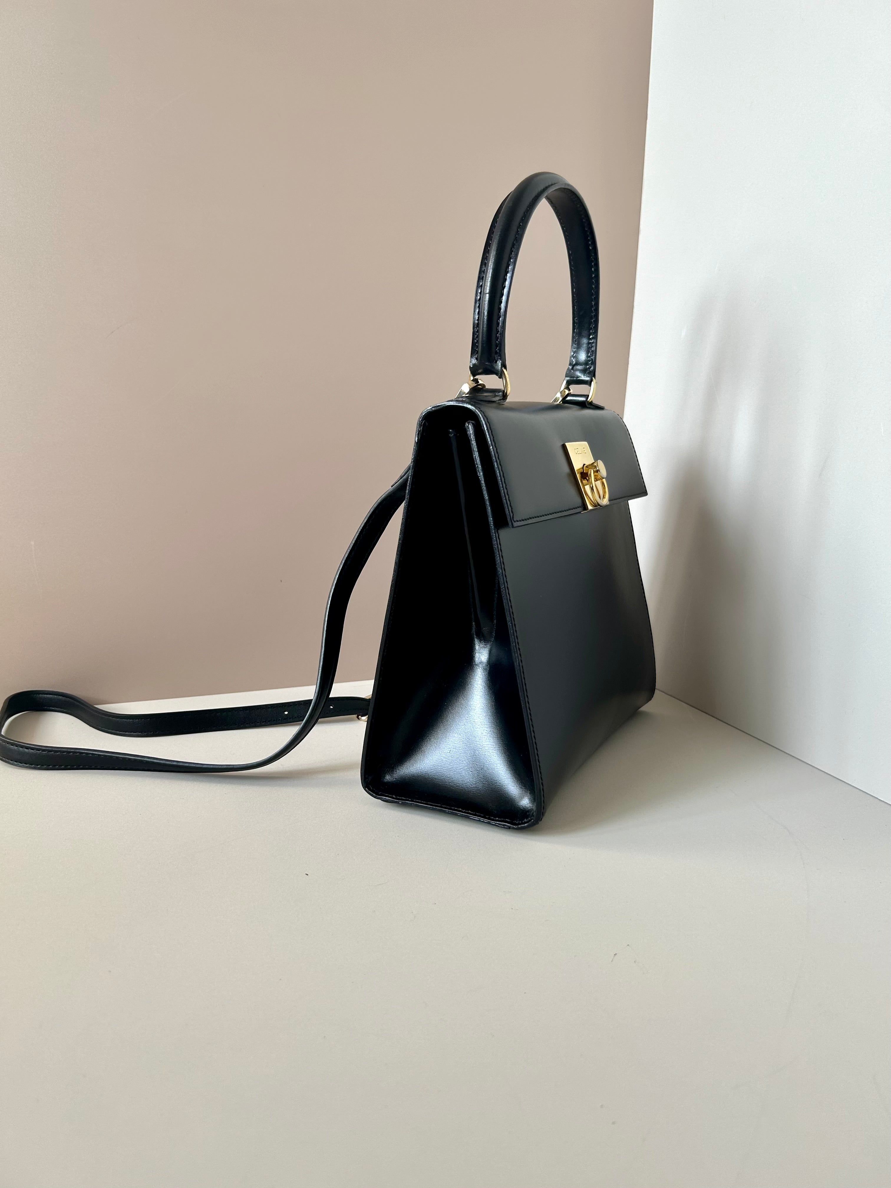 New arrival-CELINE rare black gold buckle small Kelly handbag/side bag/crossbody bag