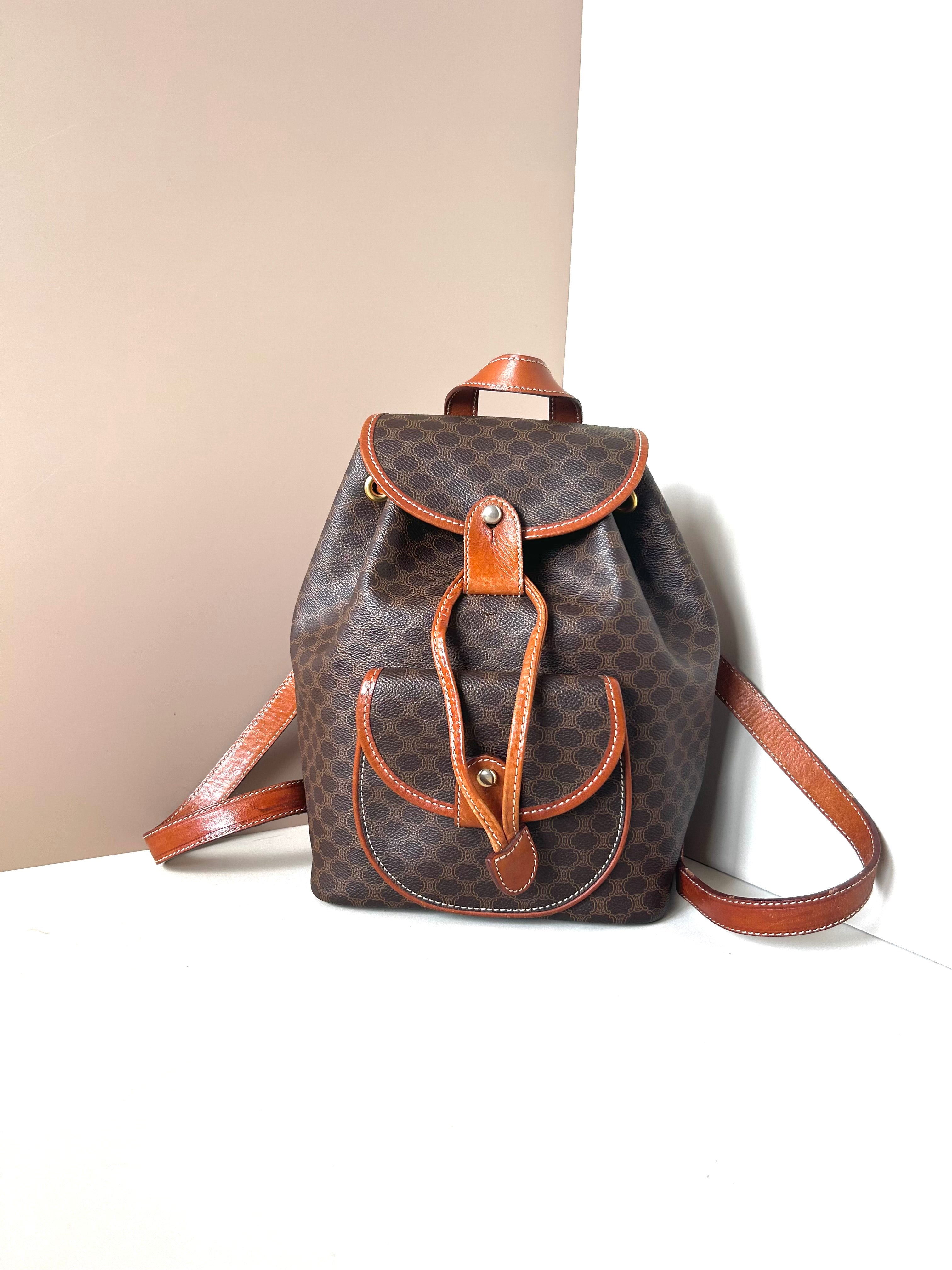 CELINE rare replica coffee color old flower gold buckle backpack / shoulder bag