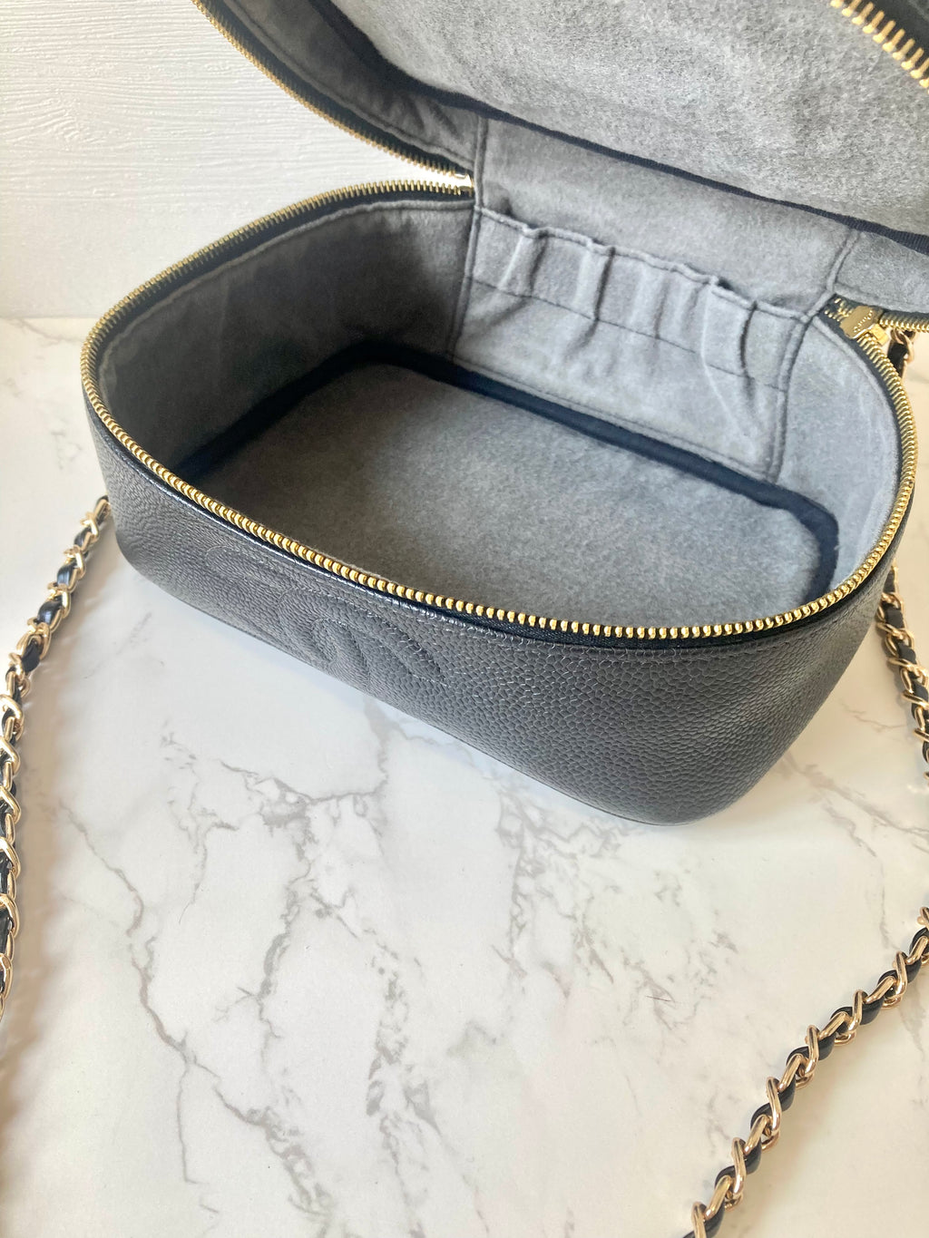 CHANEL Black Caviar Leather Vanity Case / Crossbody Chain Bag