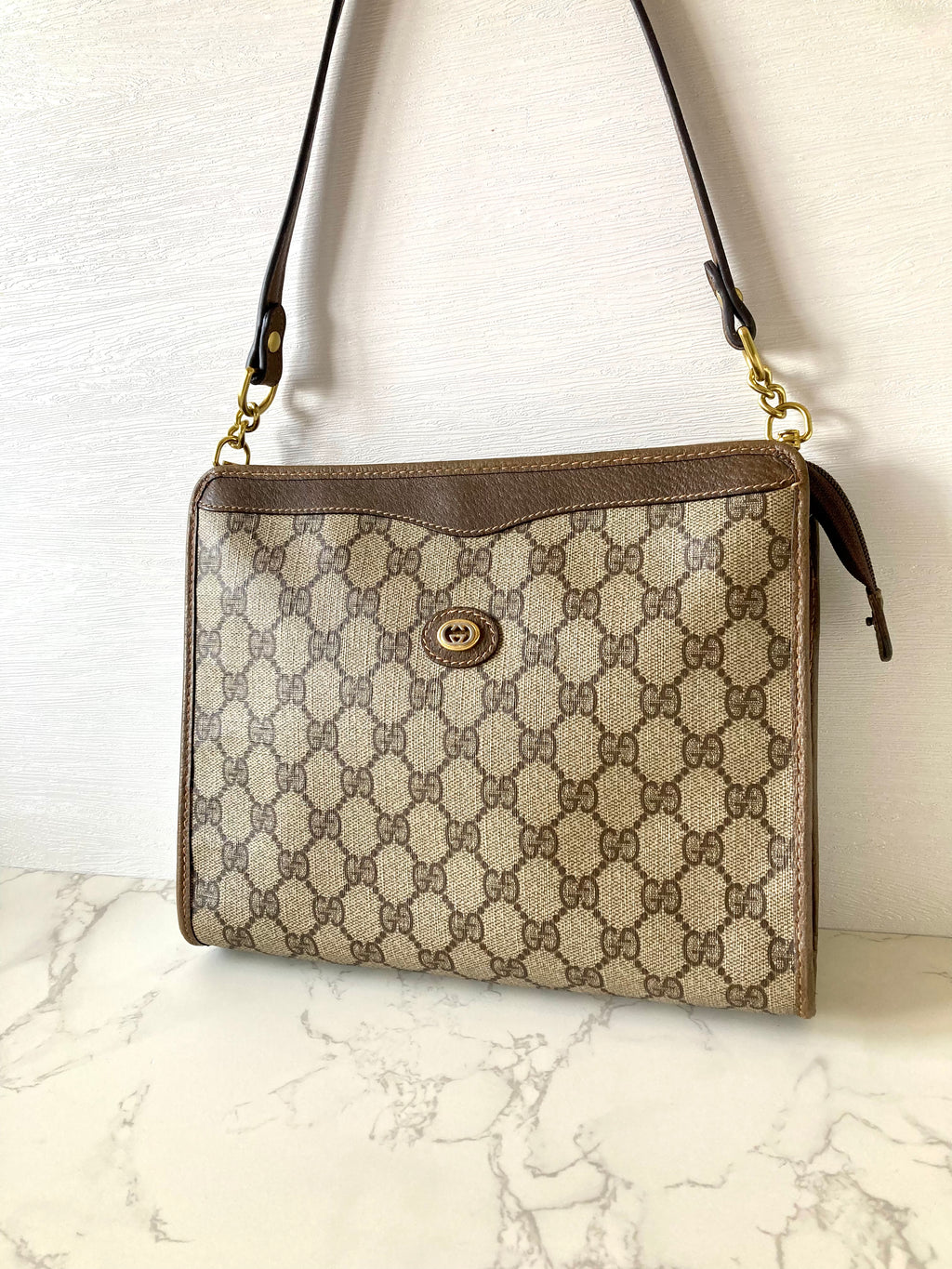 GUCCI Brown Monogram Gold Accessories Two-way Shoulder Bag / Pouch Bag