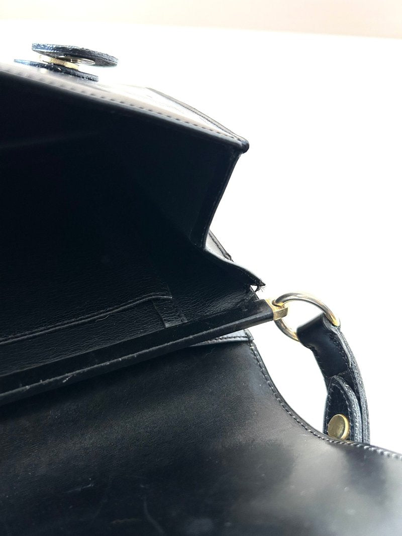 CHRISTIAN DIOR Rare black leather silver buckle flap side bag / short crossbody bag