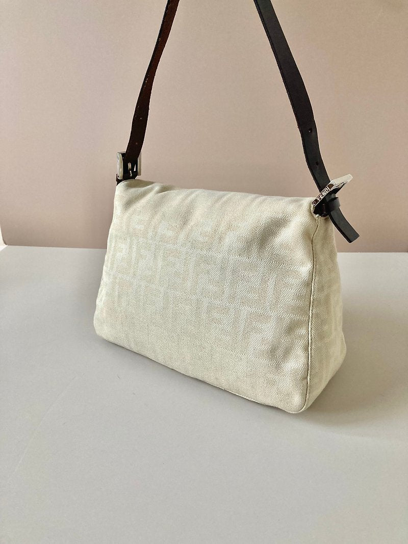 FENDI Zucchino white with brown old flower silver buckle large baguette underarm bag / side bag
