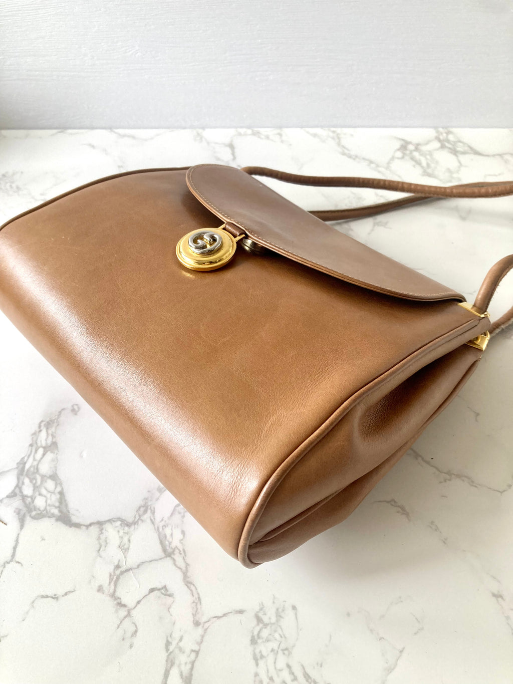 GUCCI Rare Caramel Brown x Gold Coin Leather Shoulder Bag