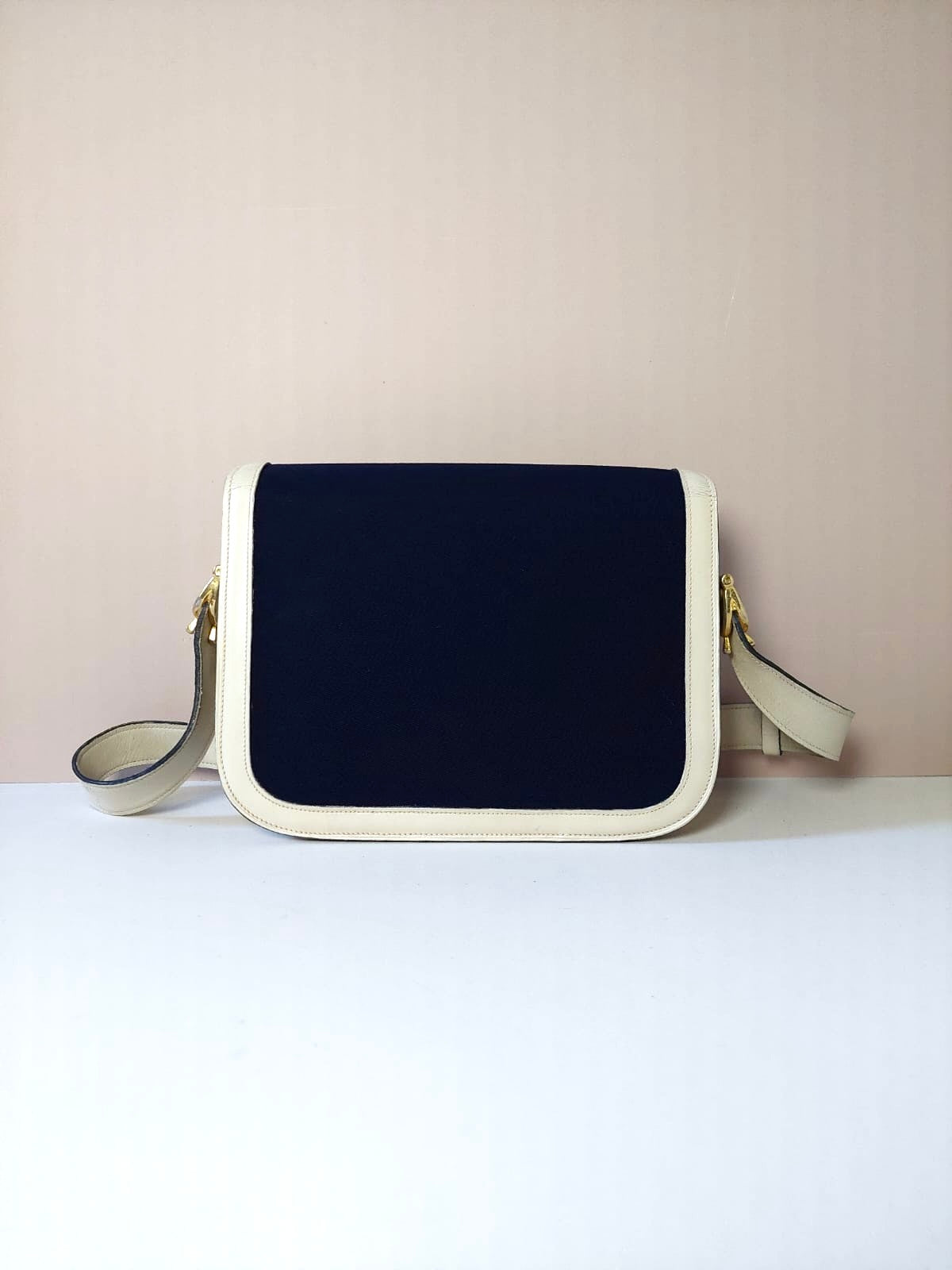 CELINE Rare Navy Blue Canvas and Leather C-Macadam Gold Buckle Shoulder Bag