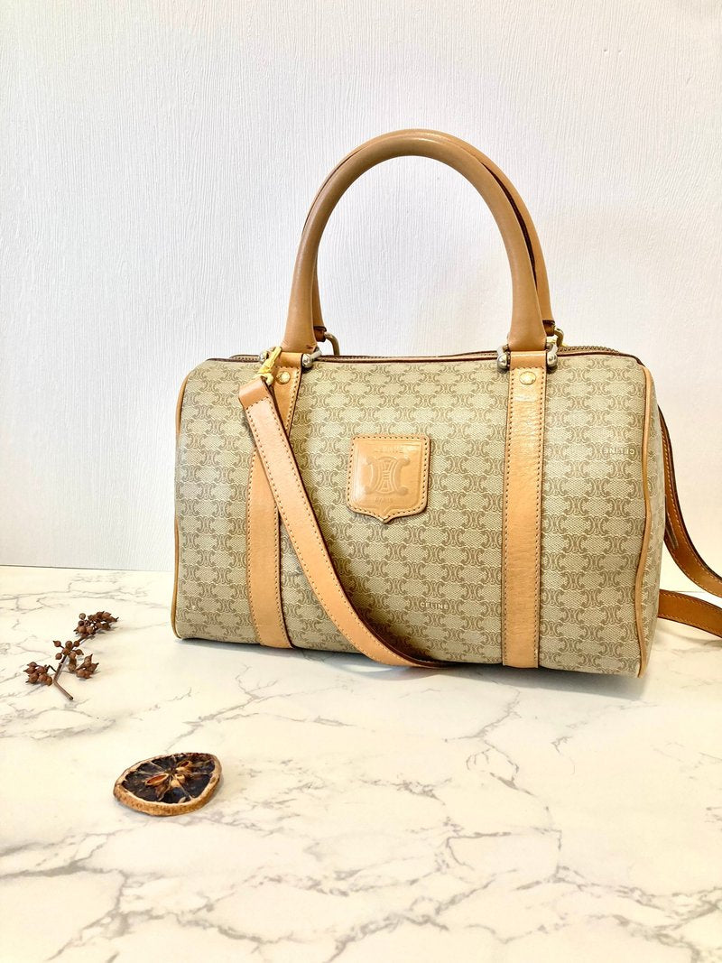 CELINE Beige Brown Old Flower Leather Boston Handbag/Side Bag/Messenger Bag