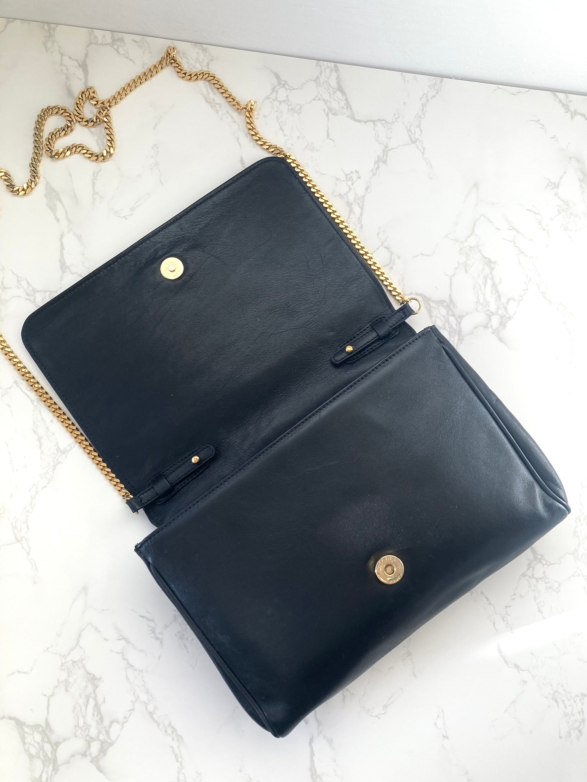 CELINE Rare Triomphe Gold Coin Black Leather Chain Crossbody Bag