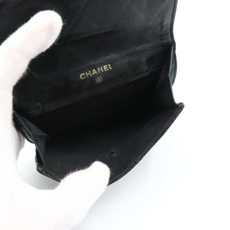 CHANEL 稀有雙面金扣黑色魚子醬牛皮皮革短夾/小錢包/銀包
