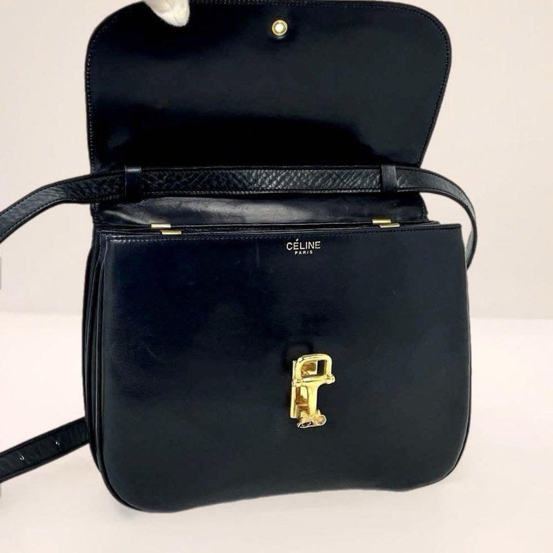 CELINE rare blue and black carriage gold buckle side bag / oblique bag